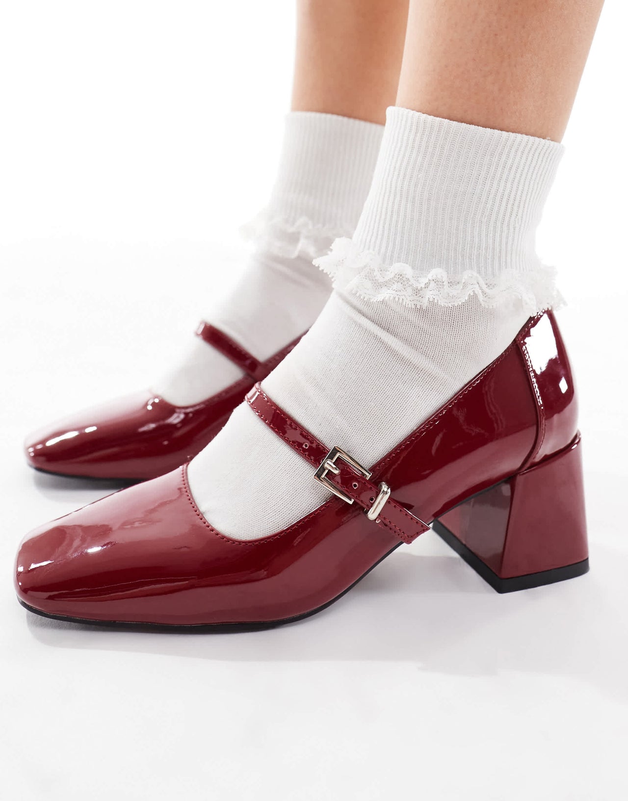 London Rebel Hazel mid block heeled shoes in patent red