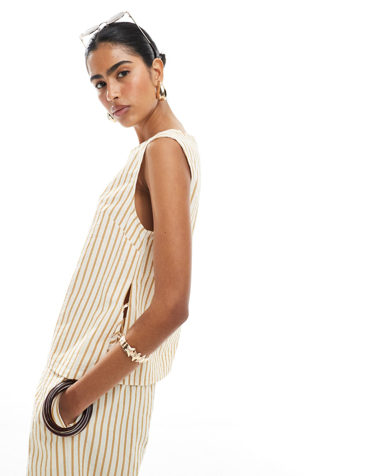 ASOS DESIGN seersucker tie side shell top co-ord in brown stripe