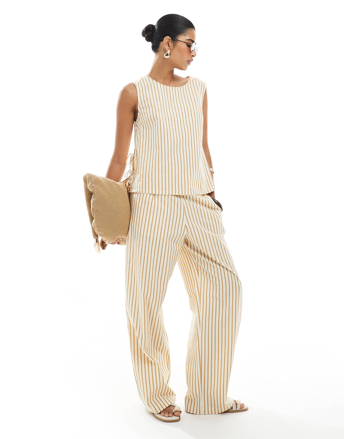 ASOS DESIGN seersucker tie side shell top co-ord in brown stripe