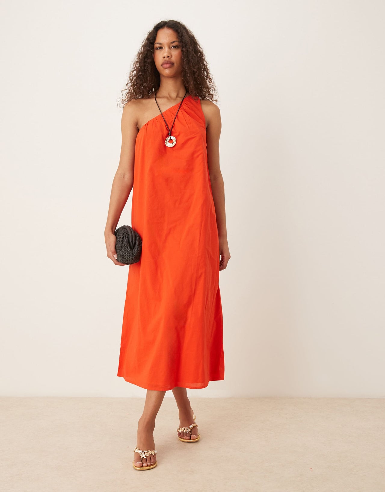 Nobody's Child one shoulder asymmetric trapeze midi dress in red