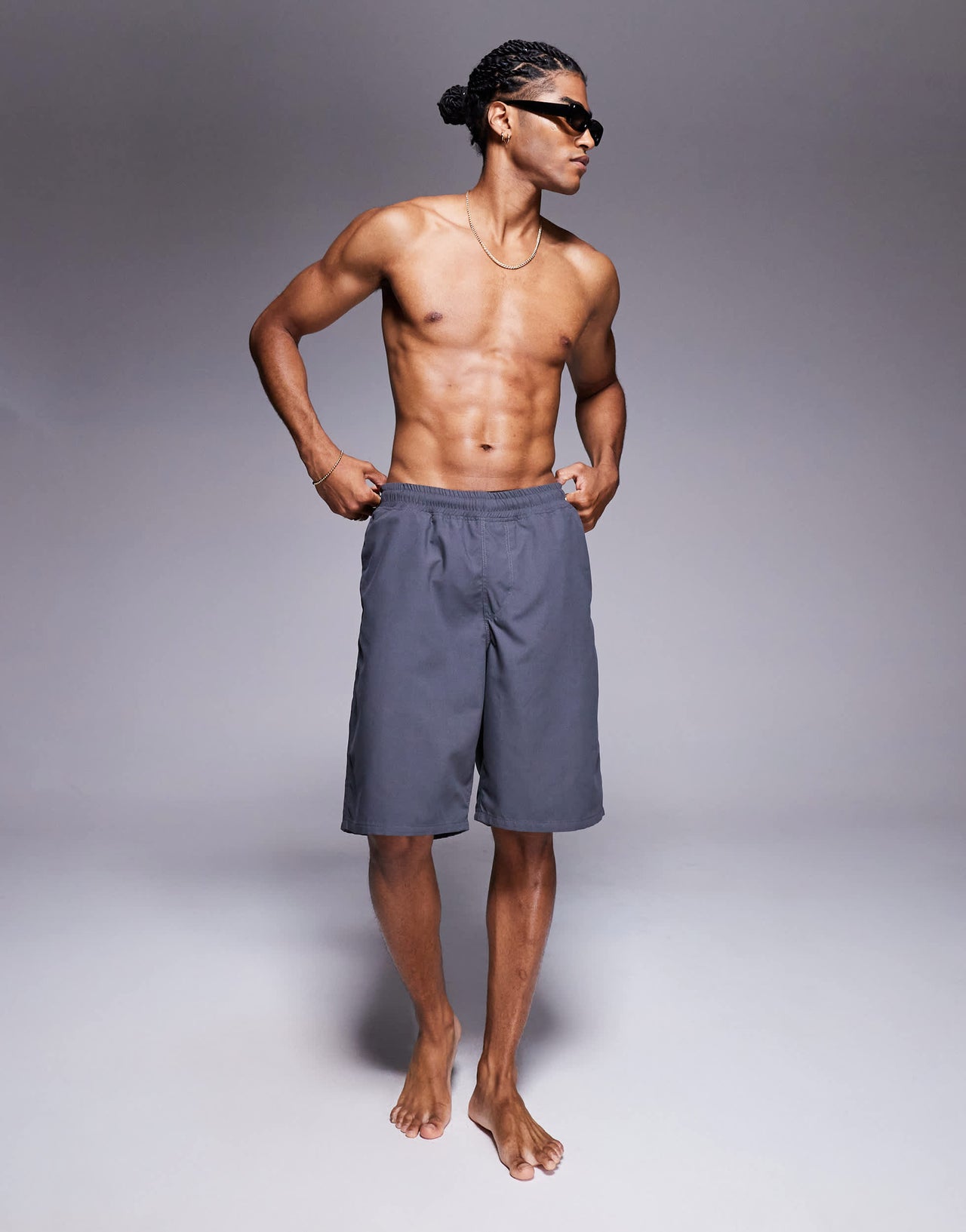 ASOS DESIGN swim shorts in long length in charcoal