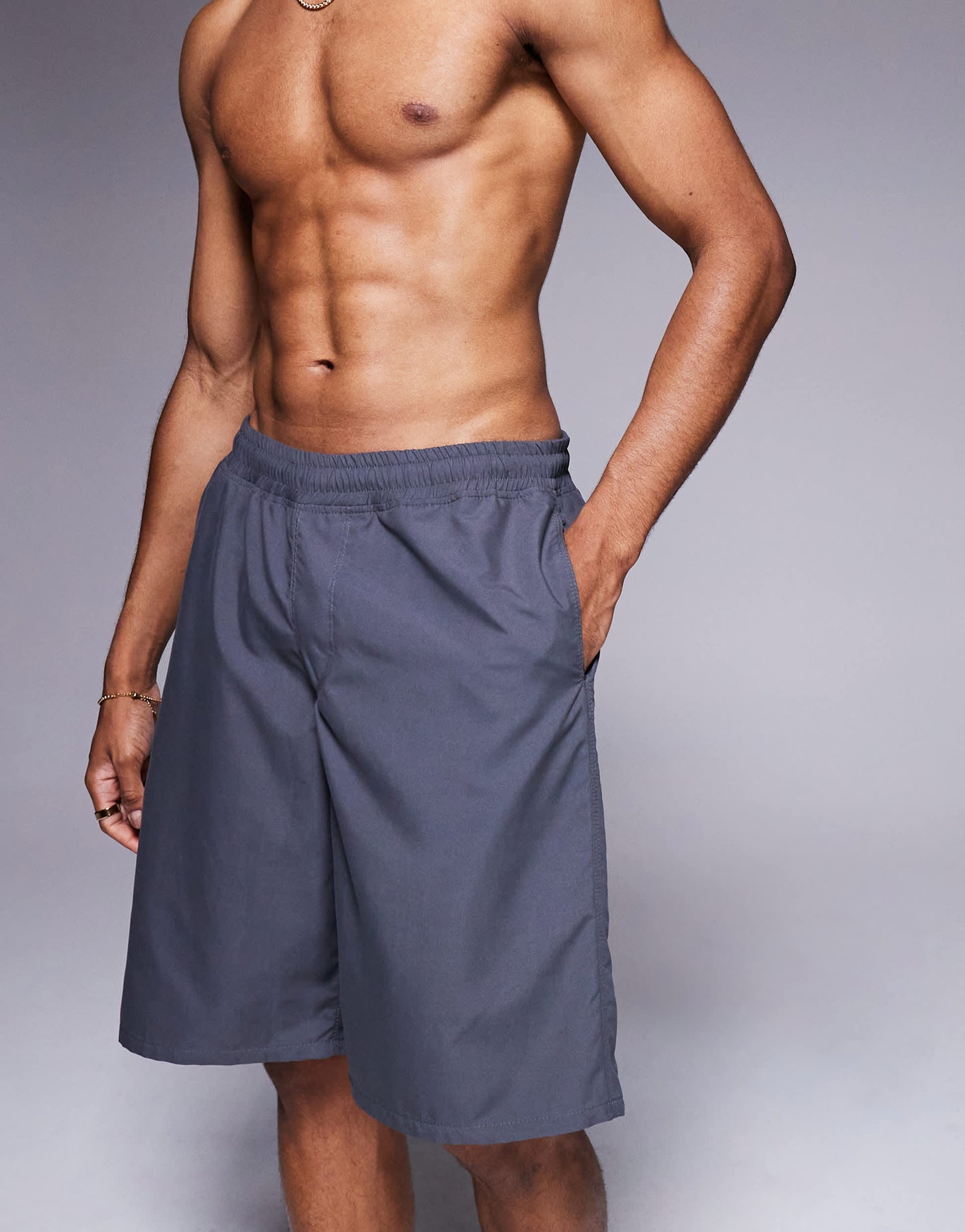 ASOS DESIGN swim shorts in long length in charcoal