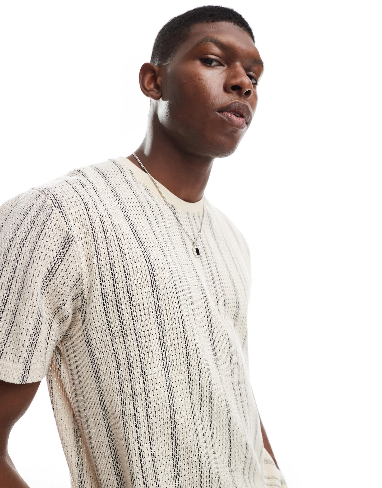 Brave Soul crew neck textured t-shirt in ecru & black stripe