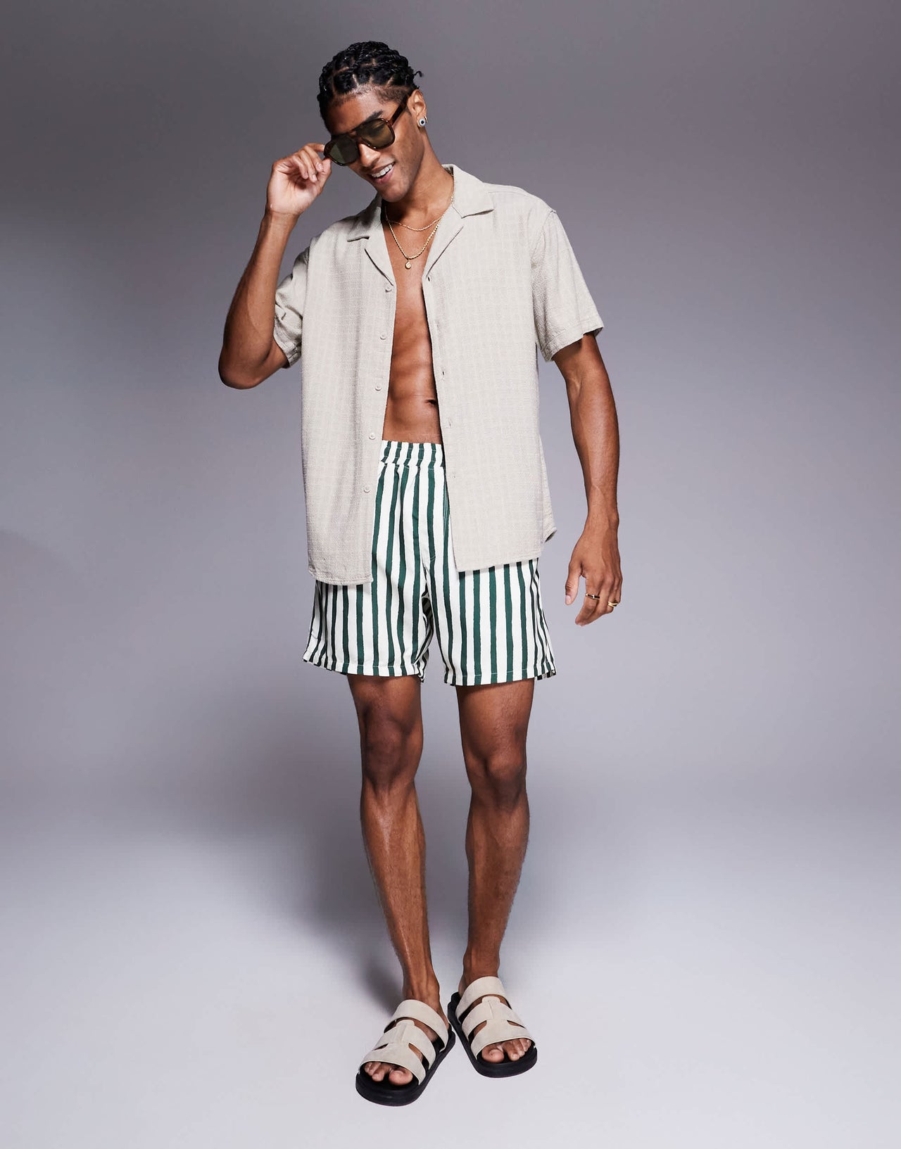 ASOS DESIGN swim shorts in mid length in green stripe