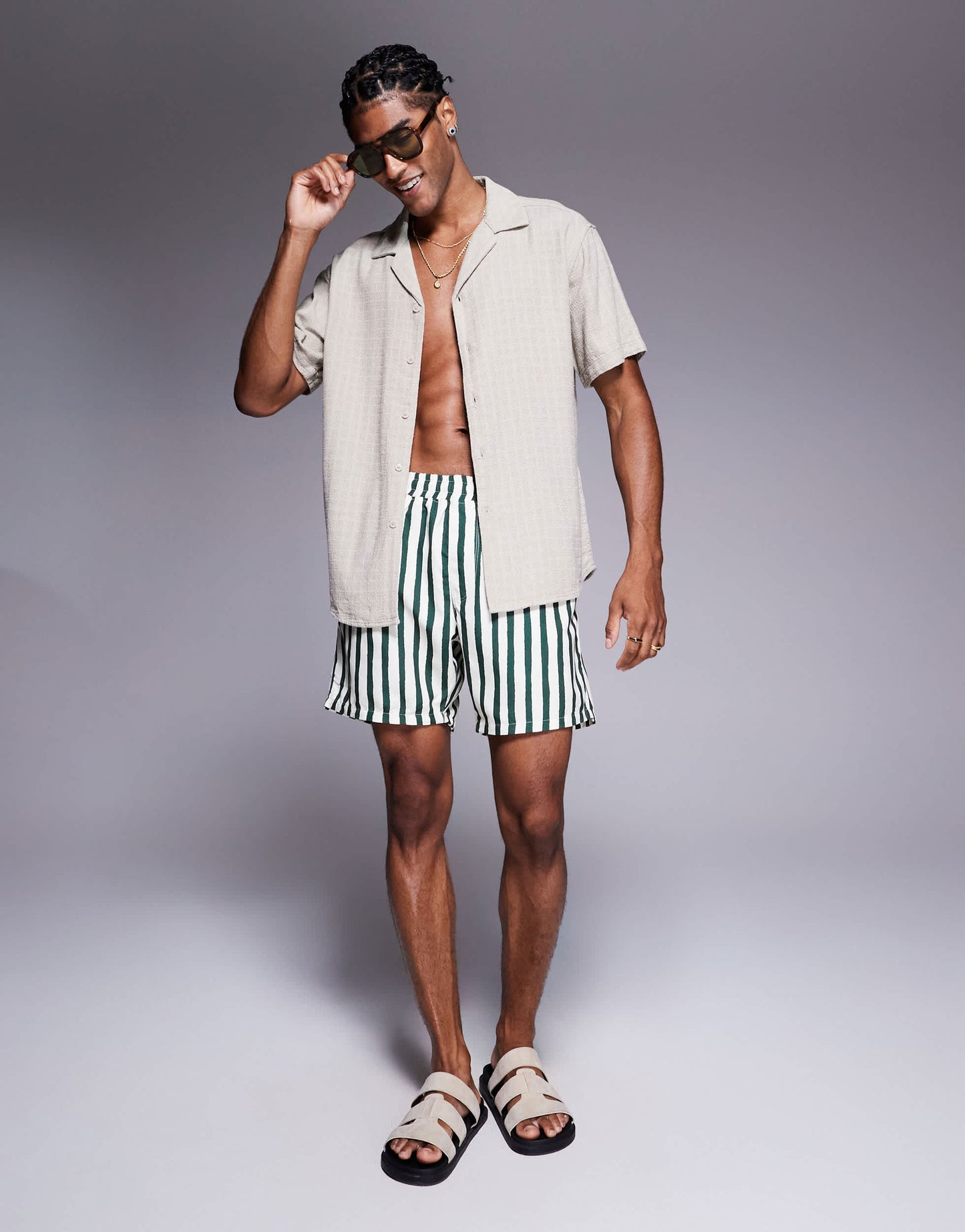 ASOS DESIGN swim shorts in mid length in green stripe
