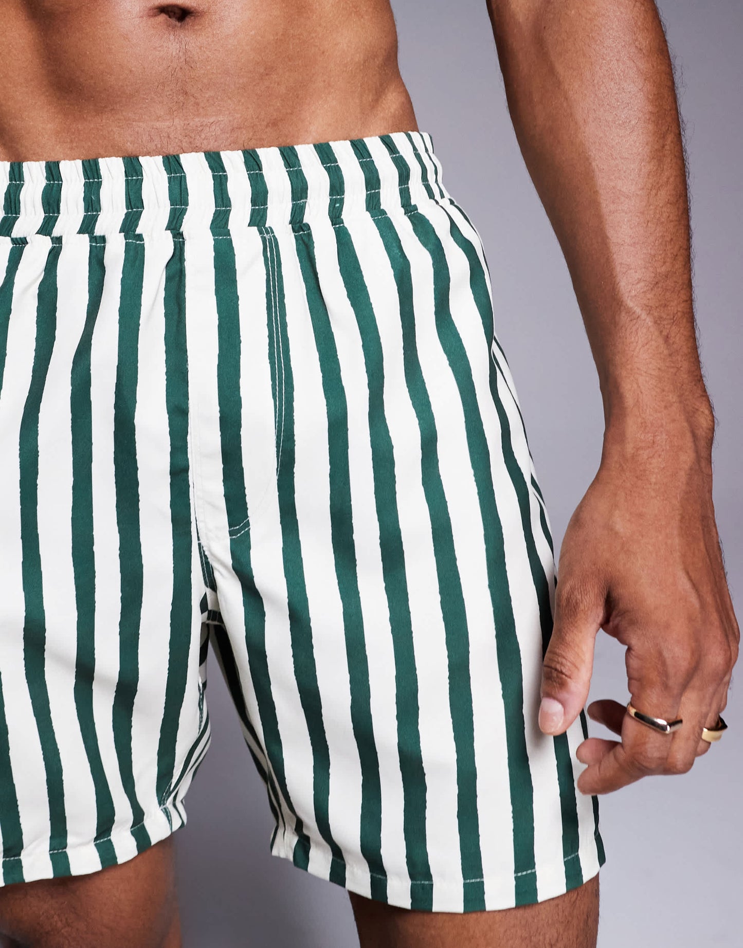 ASOS DESIGN swim shorts in mid length in green stripe