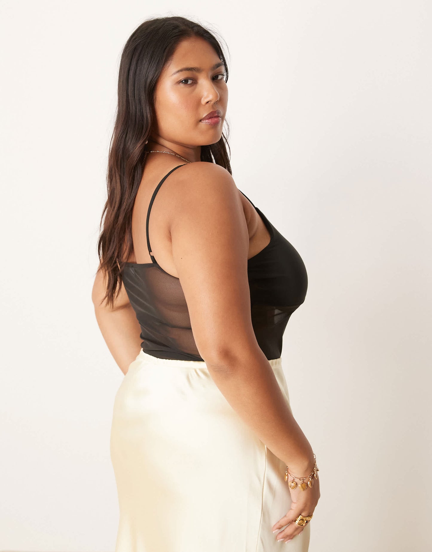 ASOS DESIGN Curve slinky twist bust mesh cami bodysuit in black