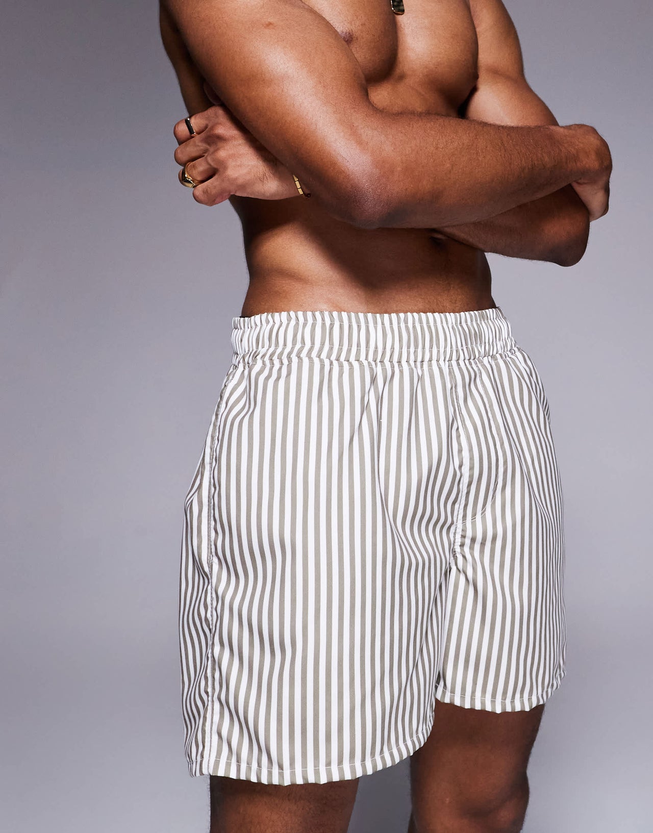 ASOS DESIGN swim shorts in short length in beige stripe