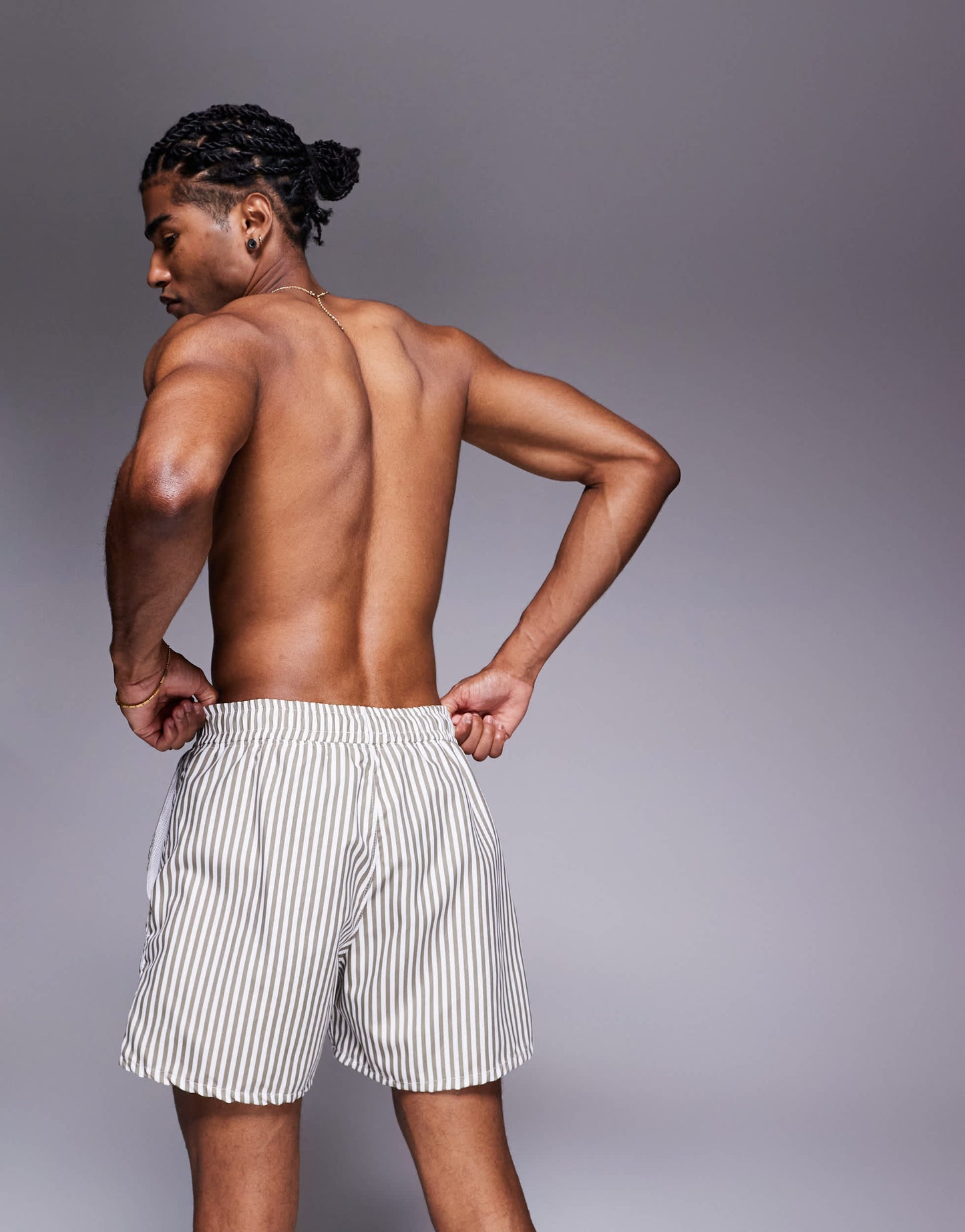 ASOS DESIGN swim shorts in short length in beige stripe
