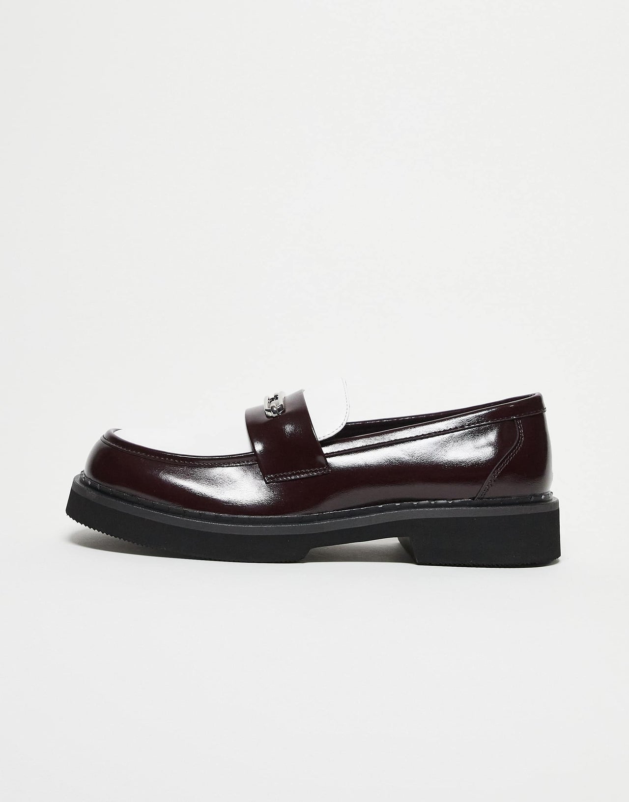 ASOS DESIGN loafers in burgundy and white with silver hardware