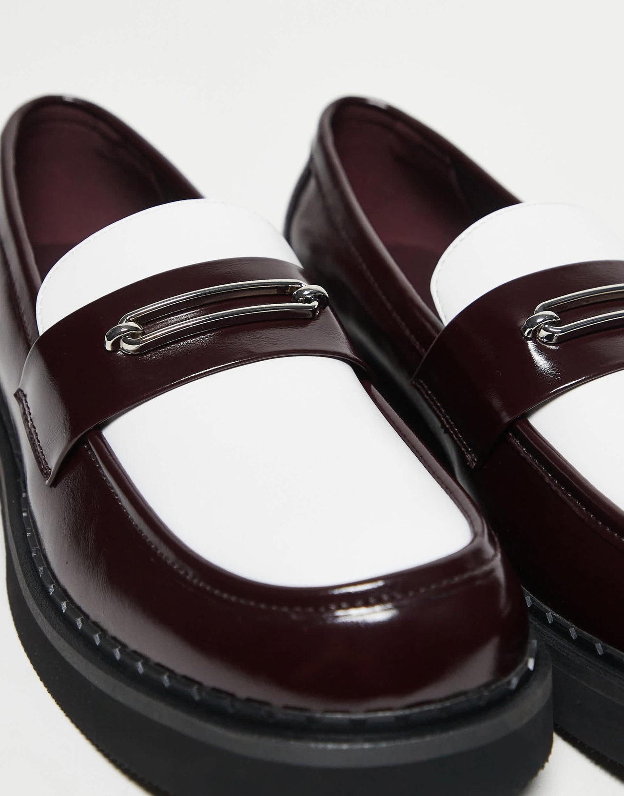 ASOS DESIGN loafers in burgundy and white with silver hardware