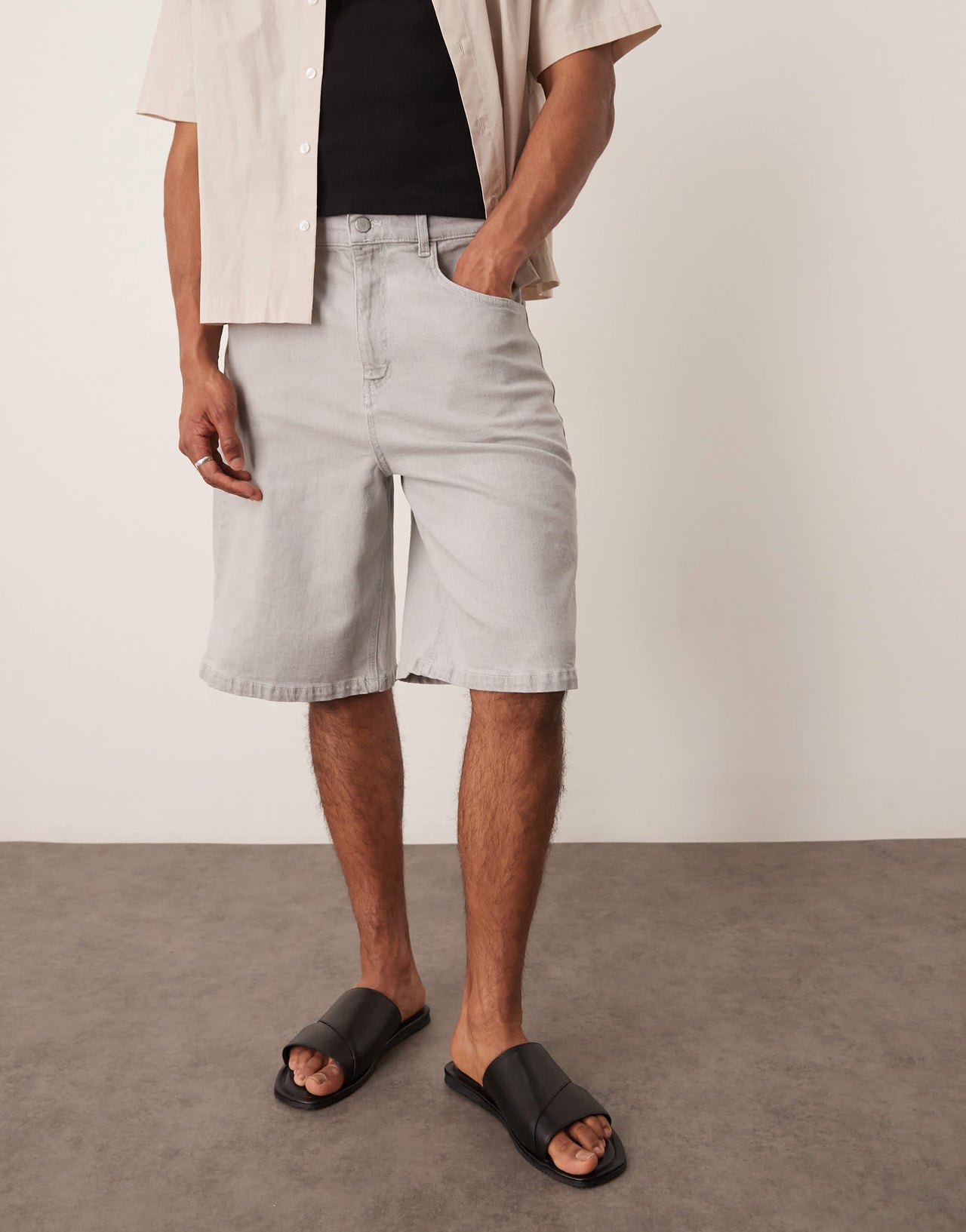 ASOS DESIGN long length denim jorts with drawcord in ecru