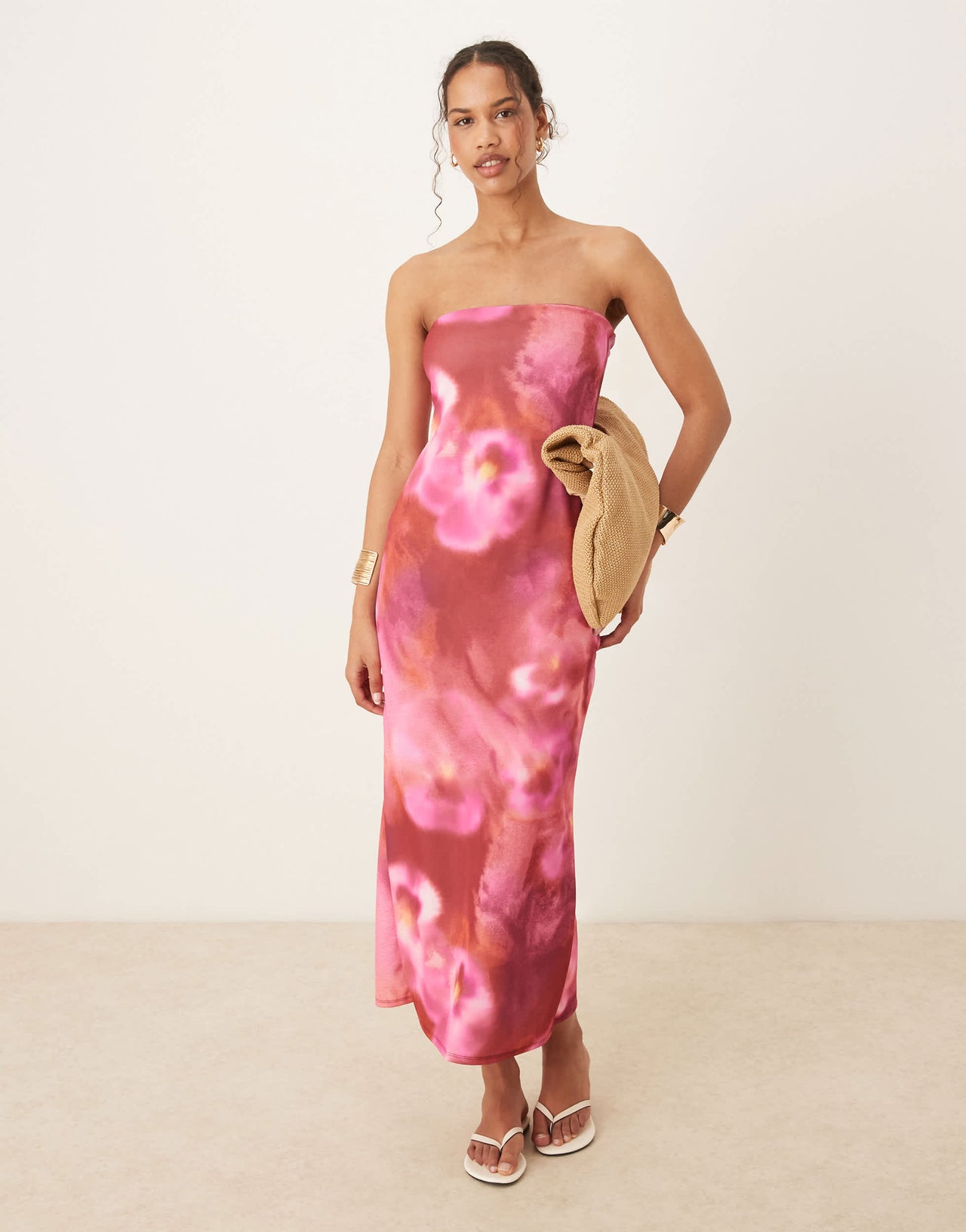 ASOS DESIGN bandeau  midi dress in pink floral print in scuba-style fabric