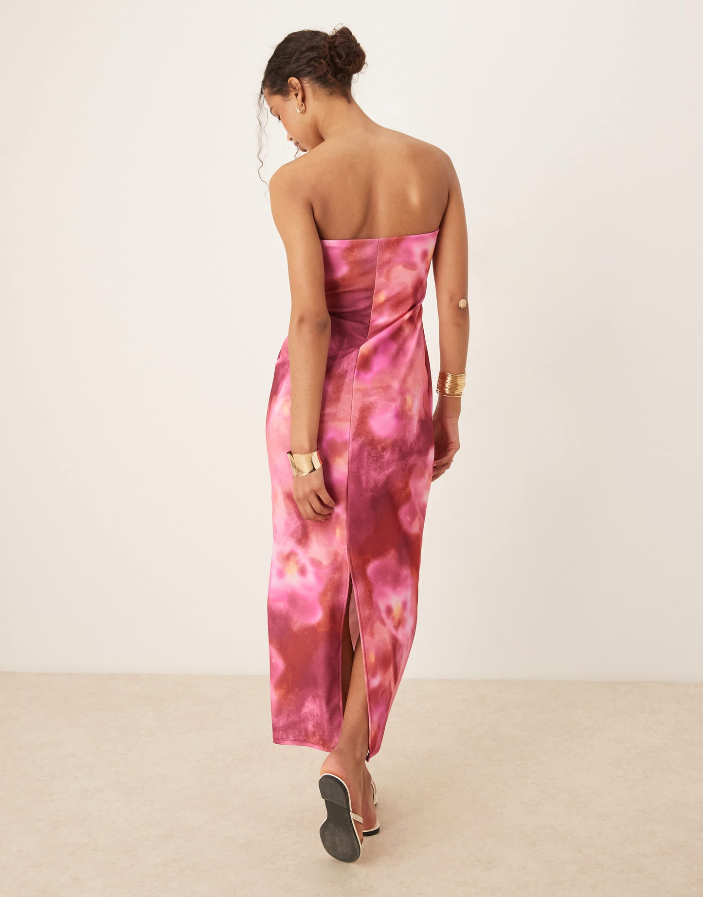 ASOS DESIGN bandeau  midi dress in pink floral print in scuba-style fabric
