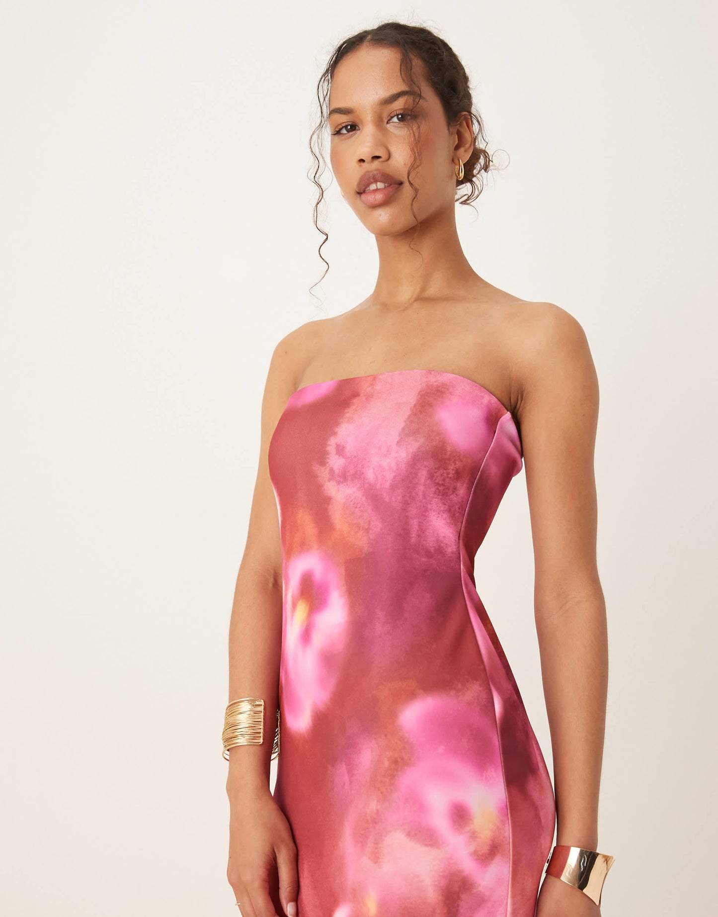 ASOS DESIGN bandeau  midi dress in pink floral print in scuba-style fabric