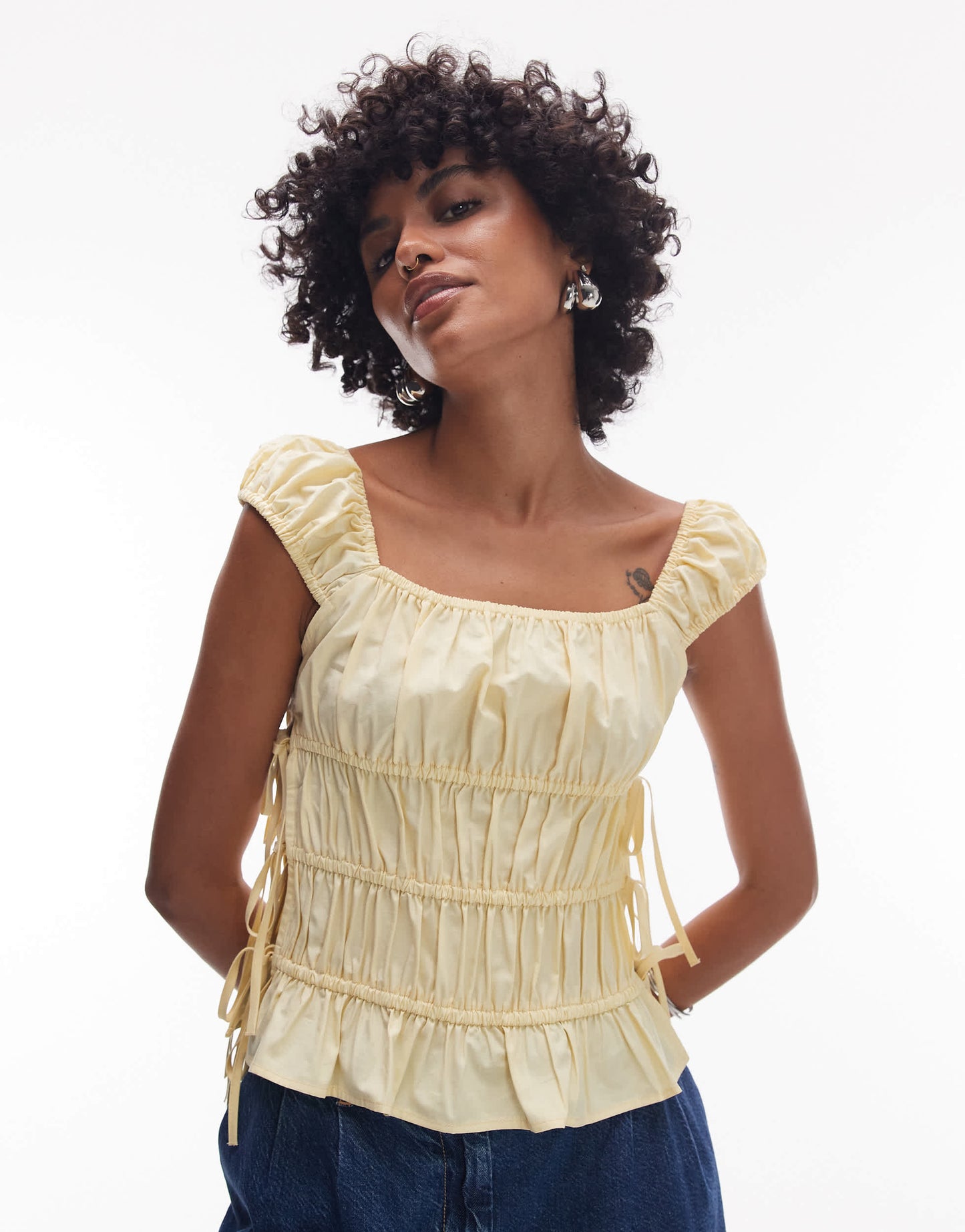 Topshop ruched tiered tie side top in buttermilk