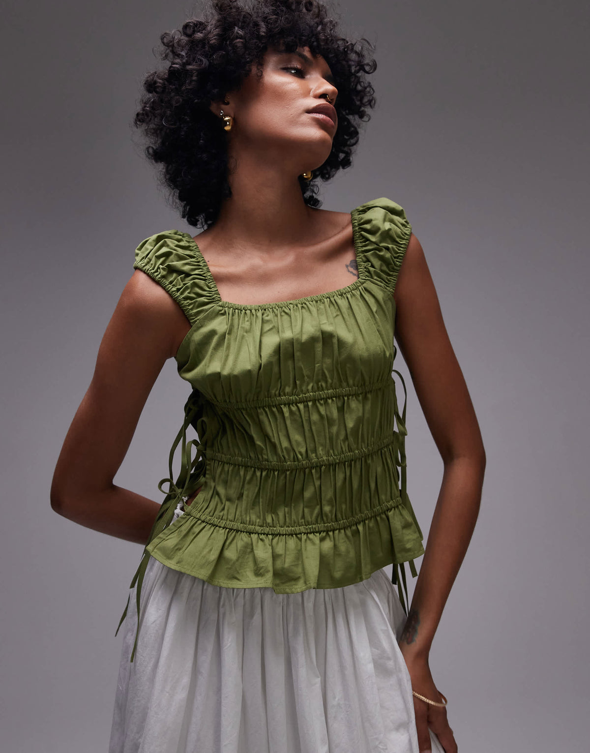 Topshop ruched tiered tie side top in green