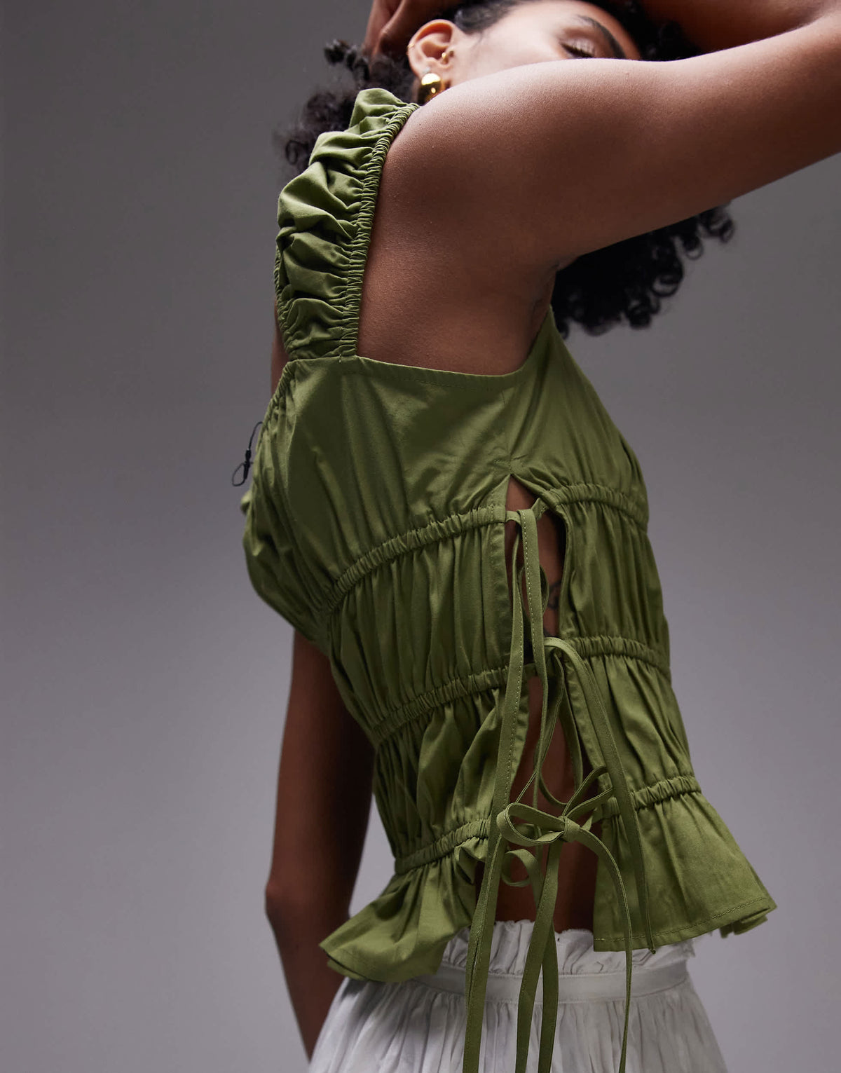 Topshop ruched tiered tie side top in green