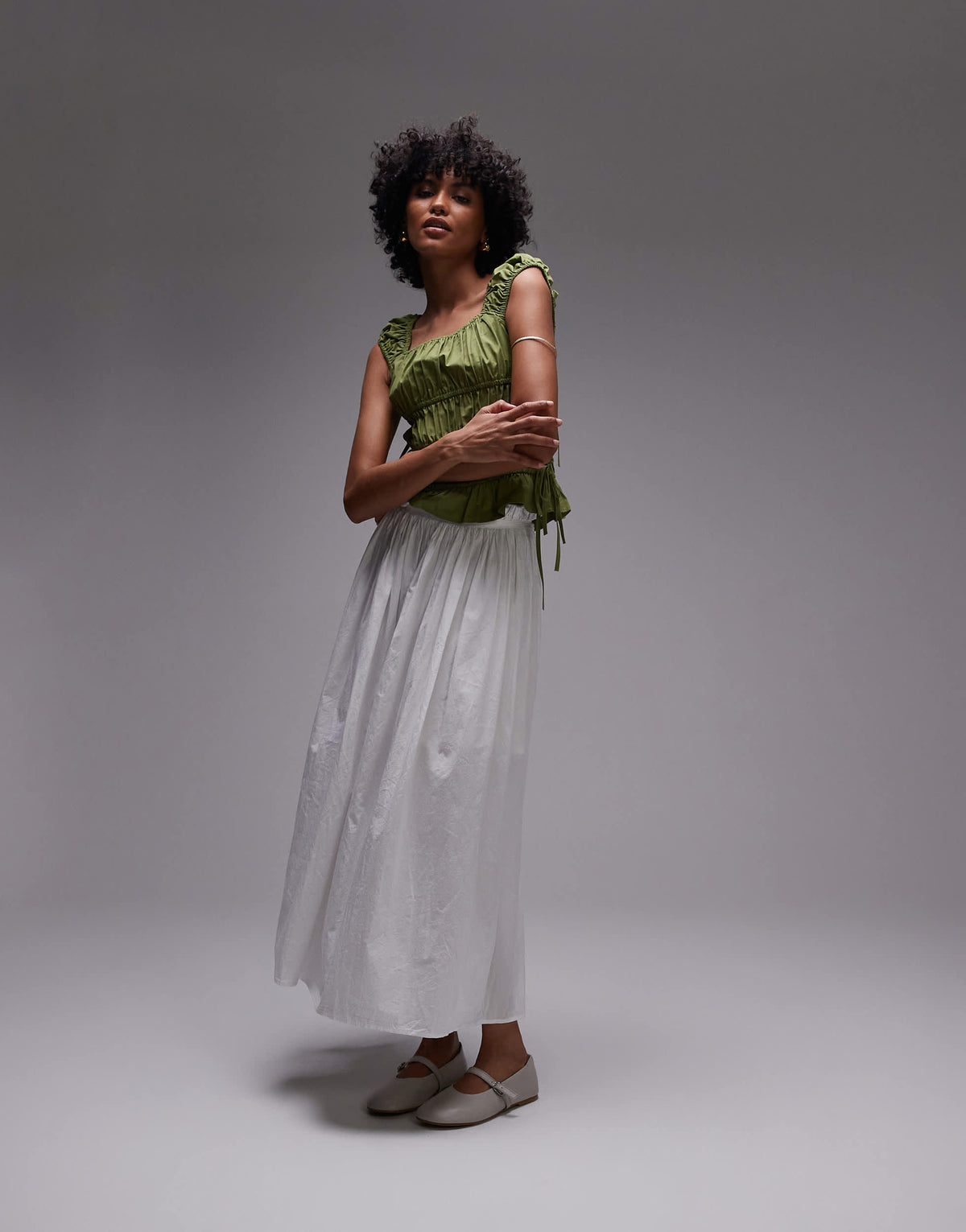 Topshop ruched tiered tie side top in green