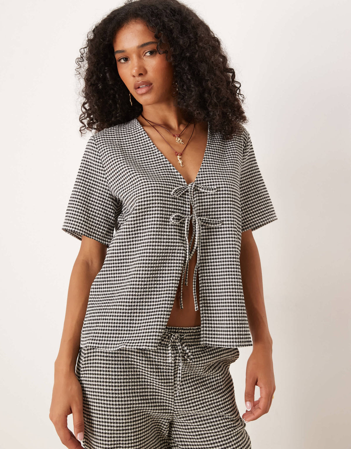 JDY tie front seersucker top co-ord in black gingham