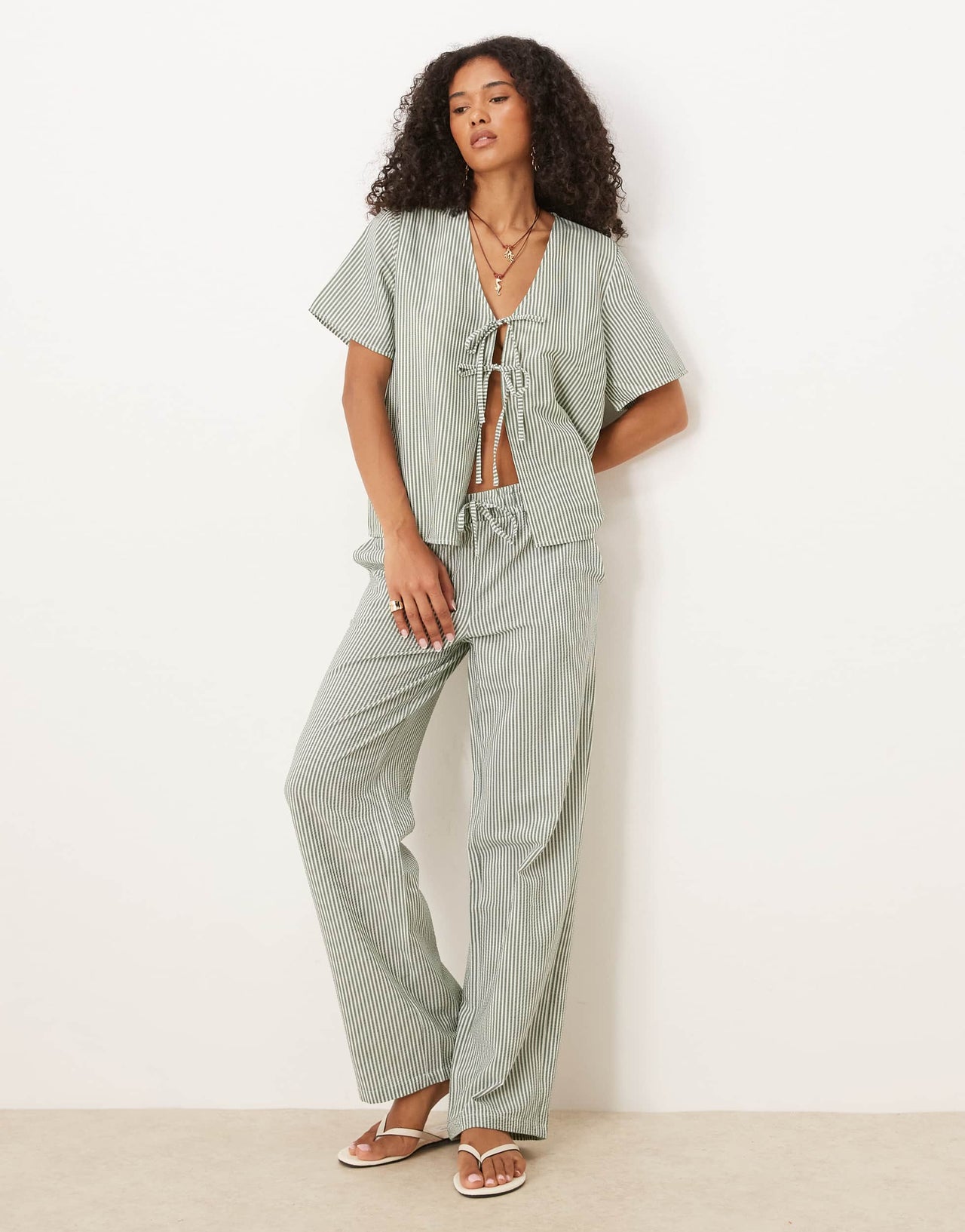 JDY seersucker trousers co-ord in green stripe