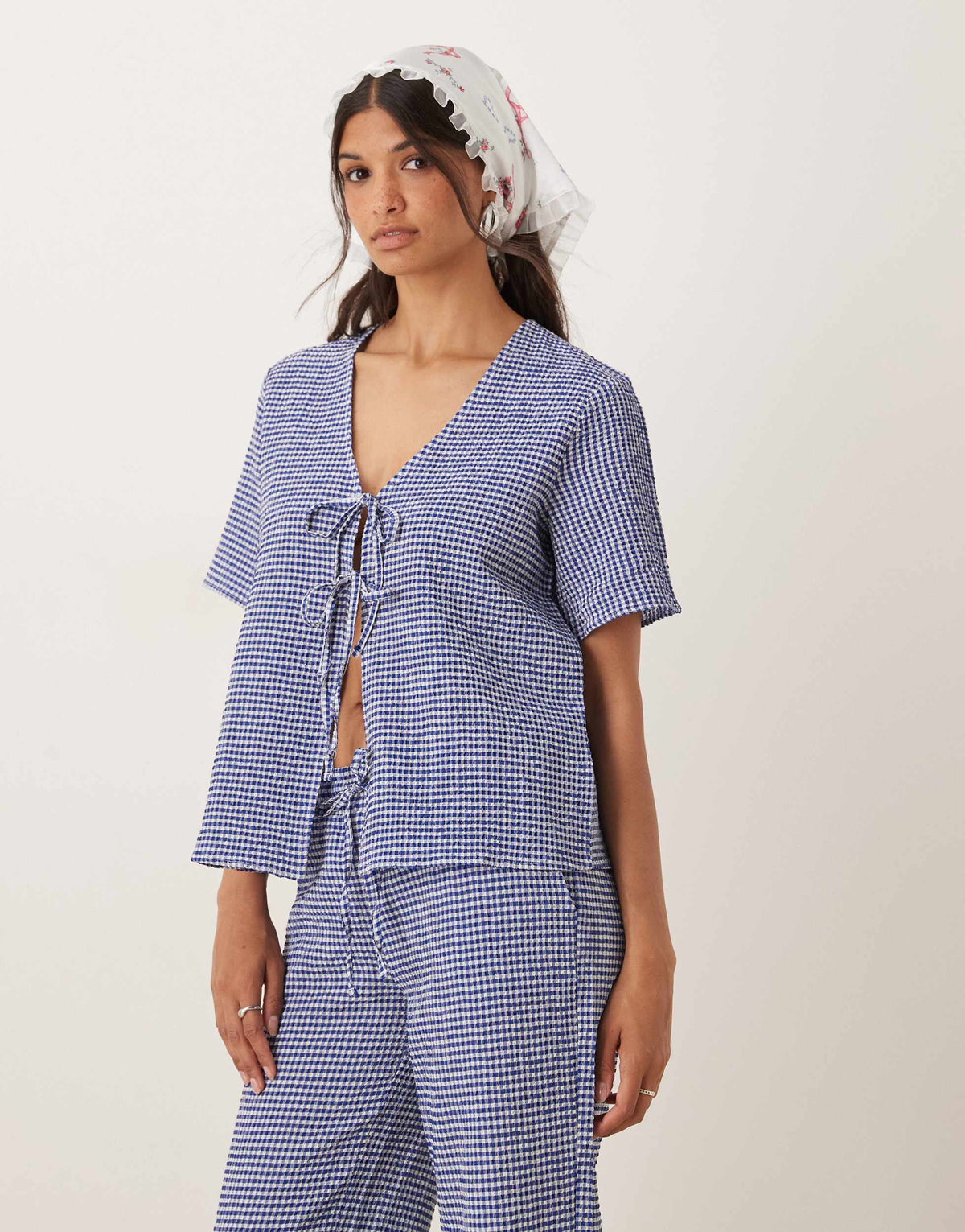 JDY tie front seersucker top co-ord in blue gingham