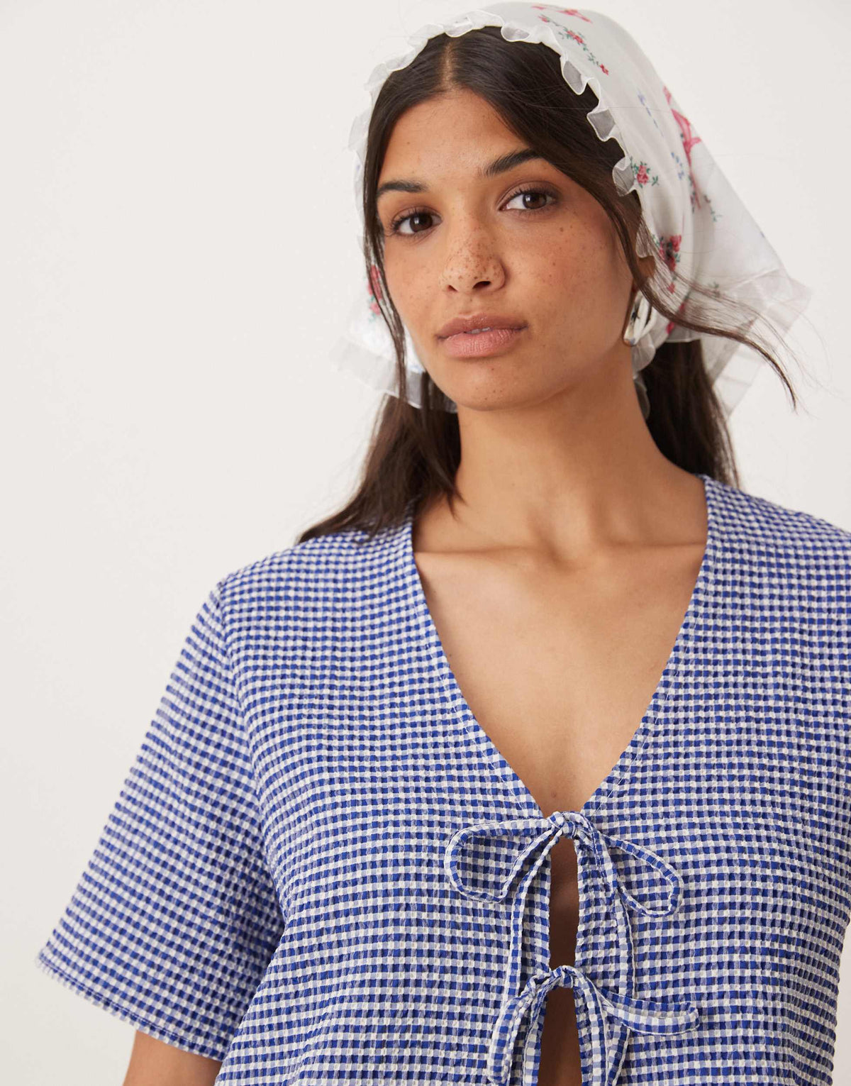 JDY tie front seersucker top co-ord in blue gingham