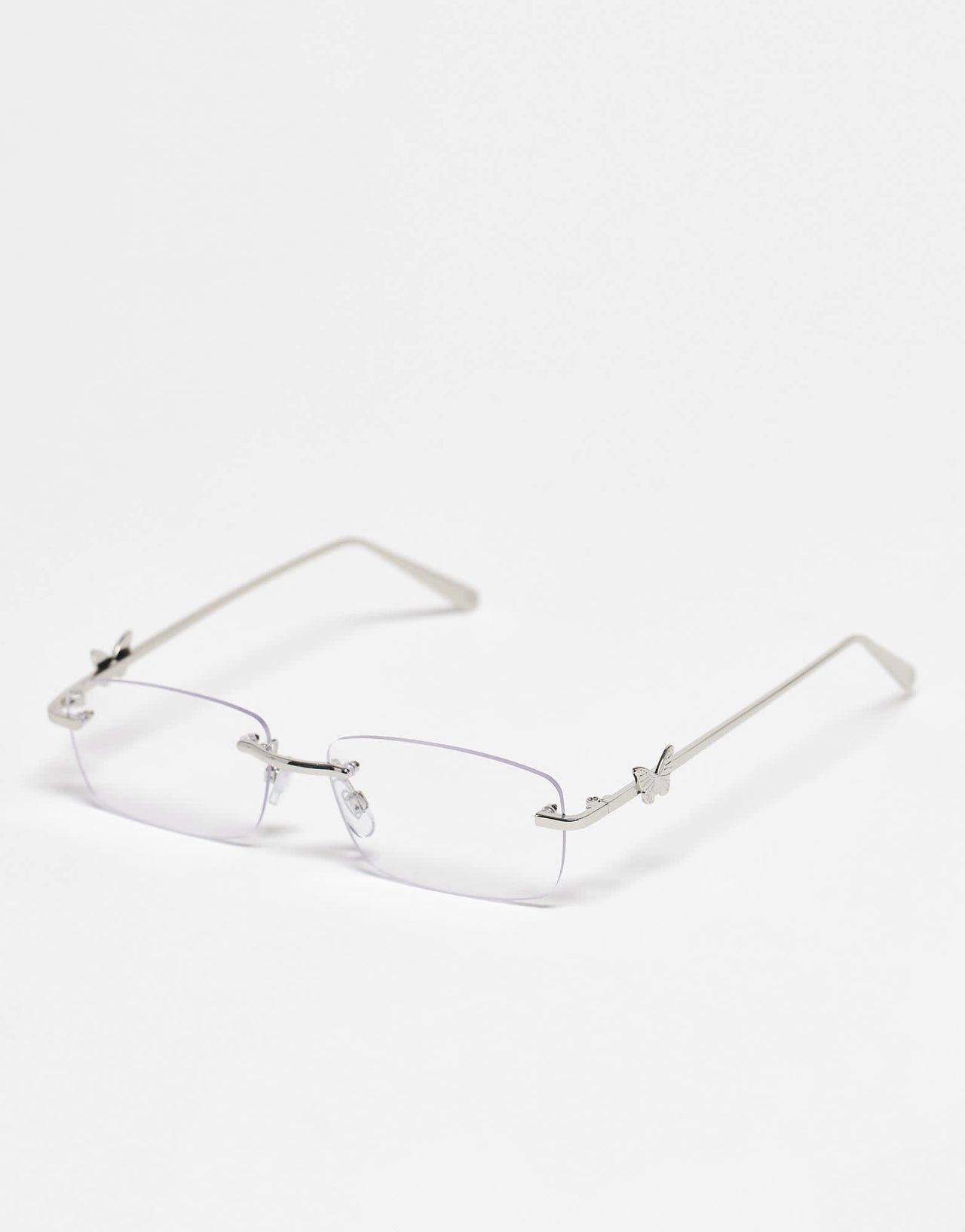 Kaiia exclusive rectangular rimless blue light lens butterfly detail glasses in silver