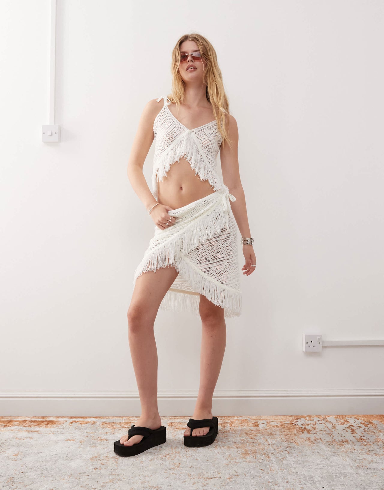 COLLUSION crochet tassel bralette top in cream
