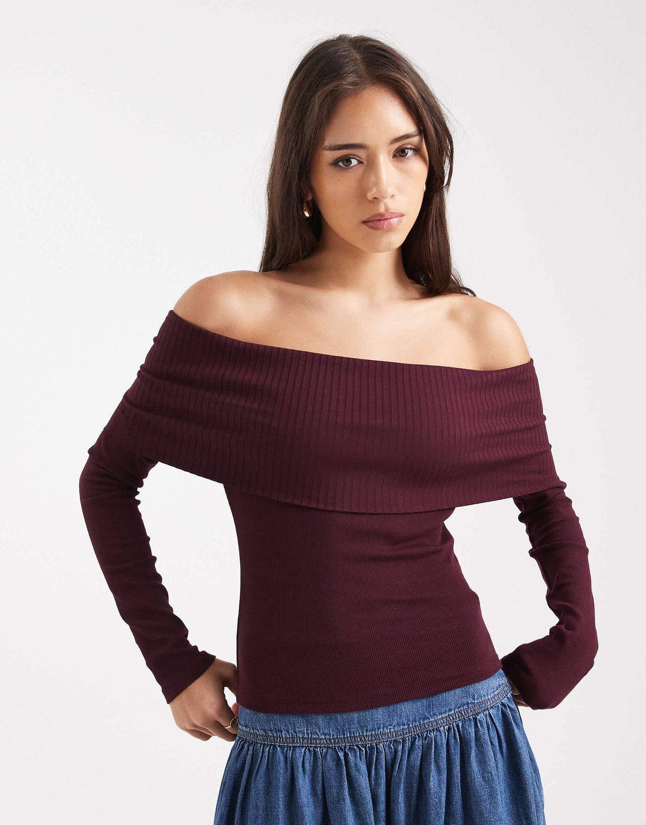 Miss Selfridge mixed rib bardot top in plum