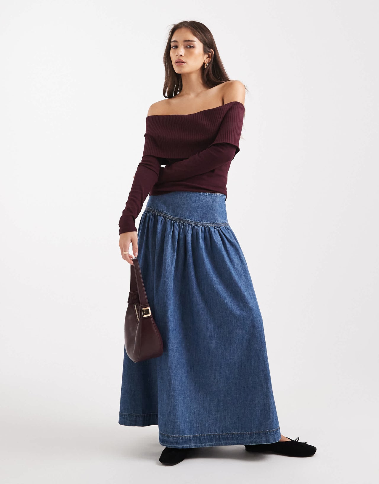 Miss Selfridge mixed rib bardot top in plum