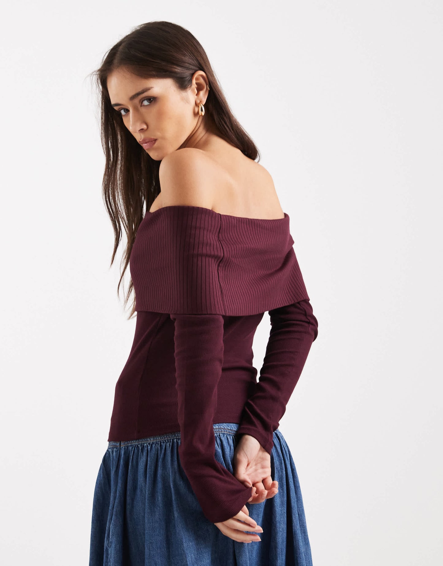 Miss Selfridge mixed rib bardot top in plum