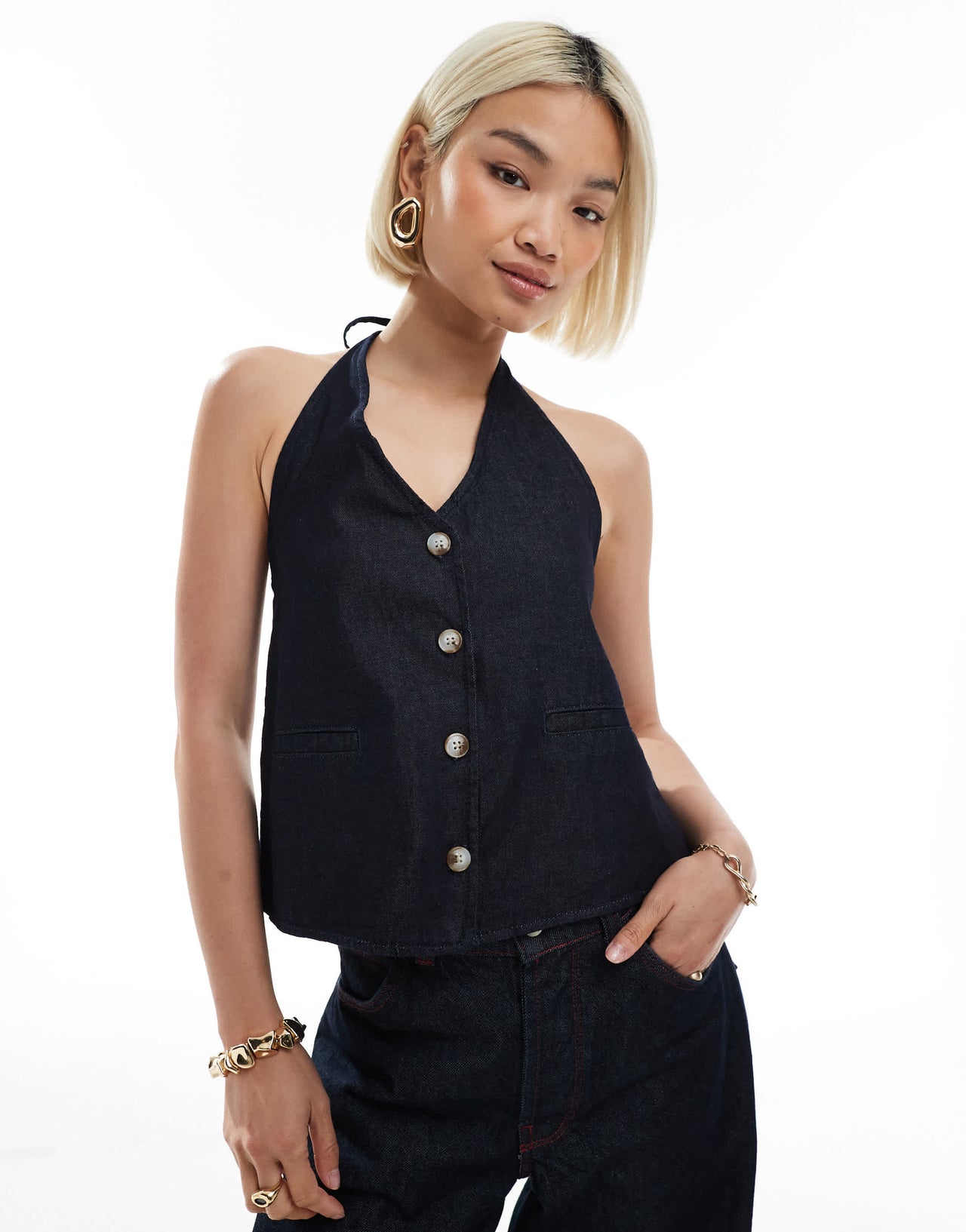 ASOS DESIGN denim halter neck waistcoat top with open back in rinse