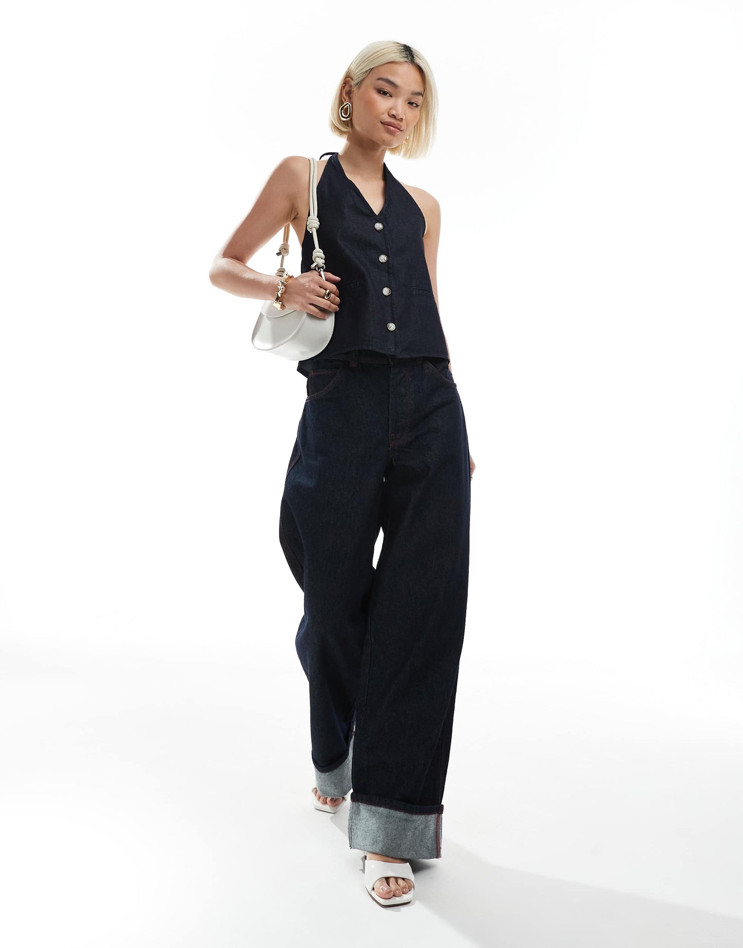 ASOS DESIGN denim halter neck waistcoat top with open back in rinse