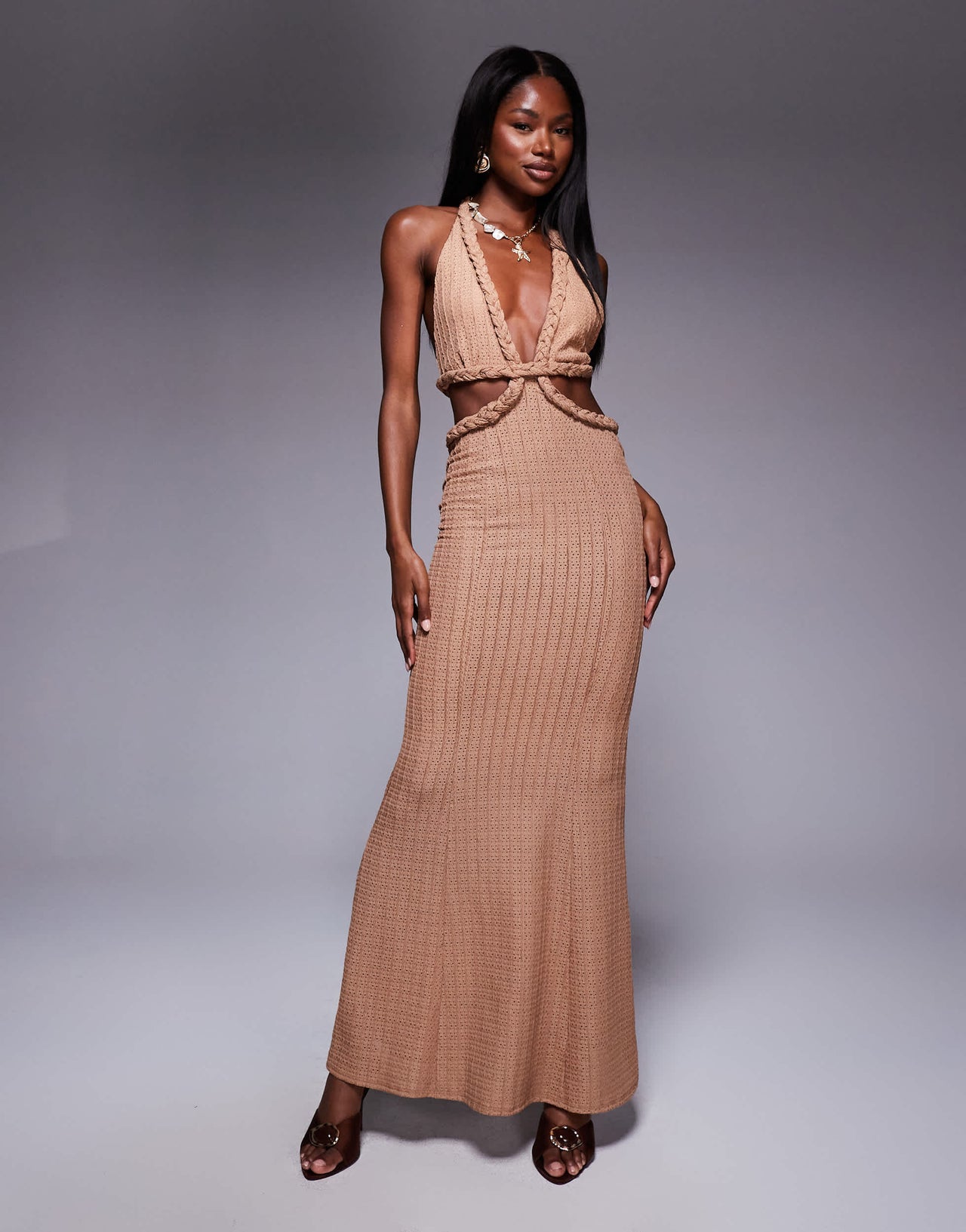 ASOS DESIGN textured rib orange plaited halter midi dress in camel
