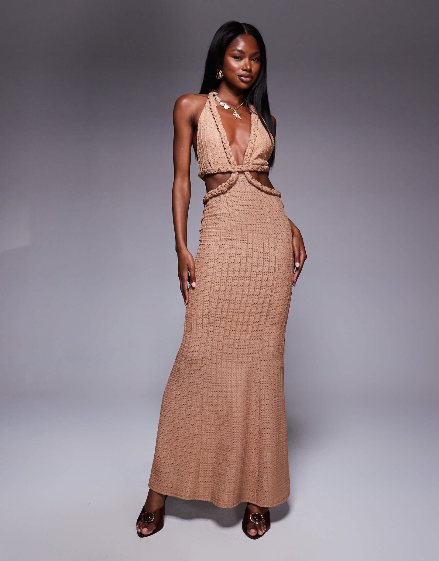 ASOS DESIGN textured rib orange plaited halter midi dress in camel