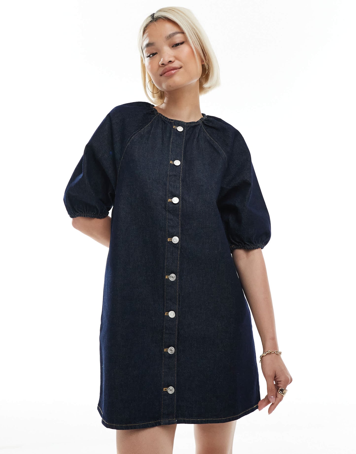 ASOS DESIGN raglan puff sleeve denim mini dress in rinse wash