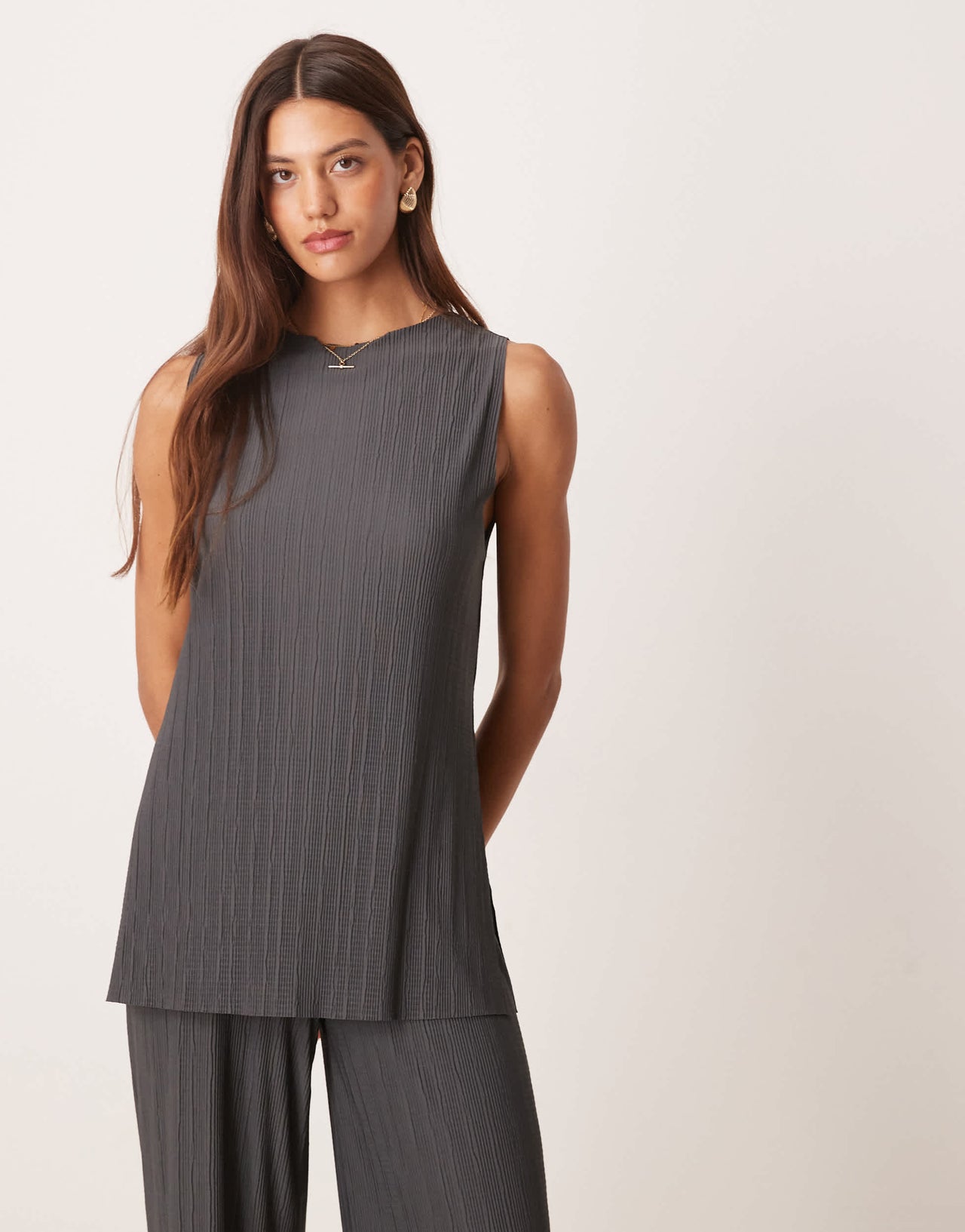 ASOS DESIGN co-ord pleat mesh longline sleeveless top in charcoal