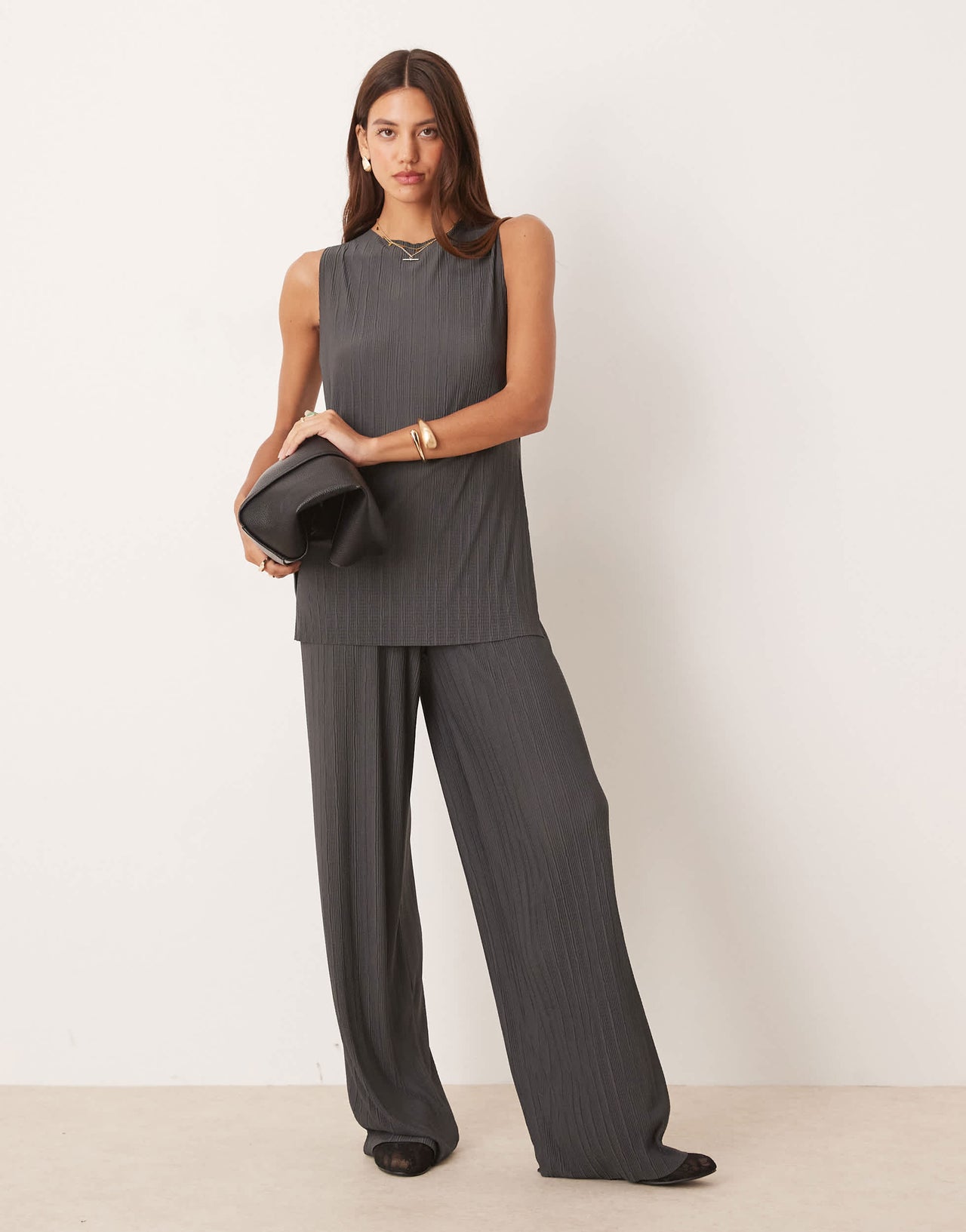 ASOS DESIGN co-ord pleat mesh longline sleeveless top in charcoal