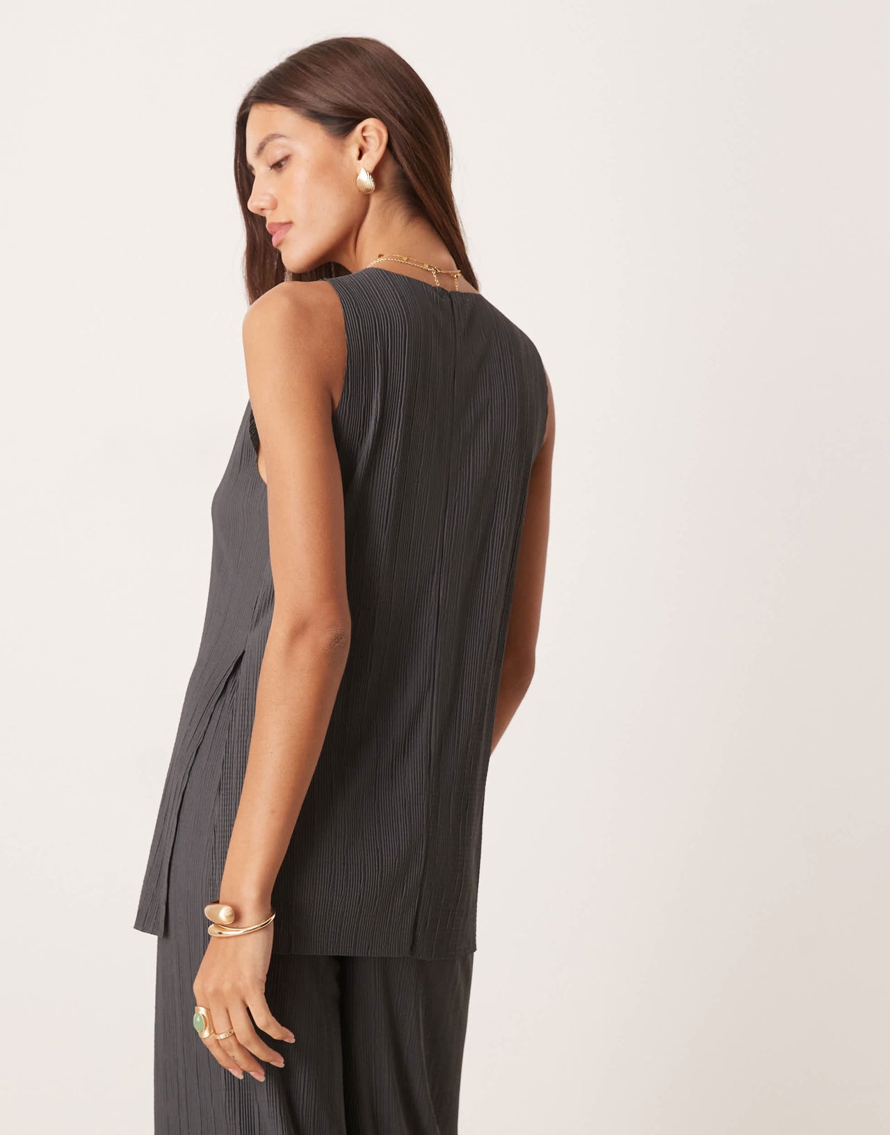 ASOS DESIGN co-ord pleat mesh longline sleeveless top in charcoal