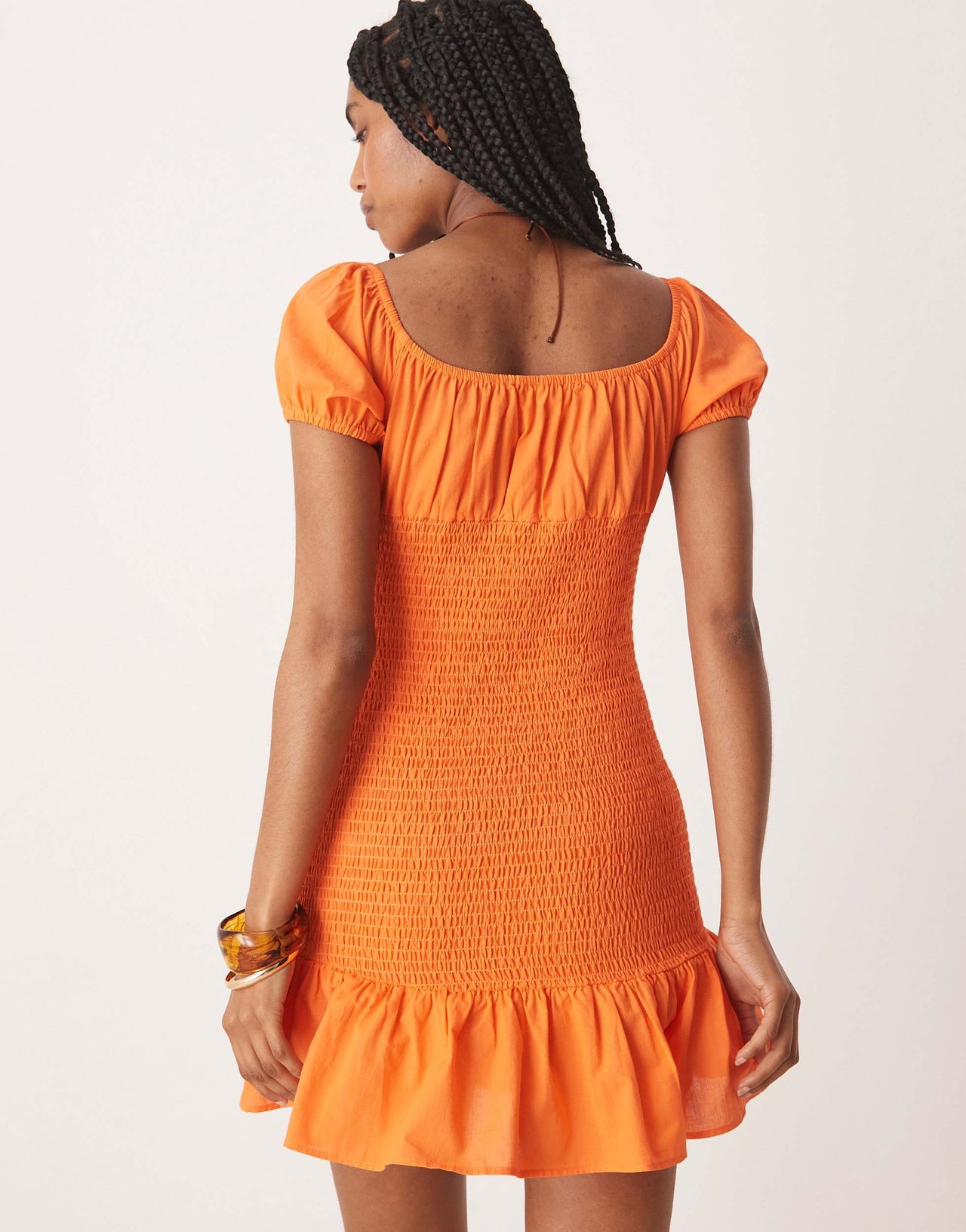 ASOS DESIGN bardot tie front shirred mini dress in orange