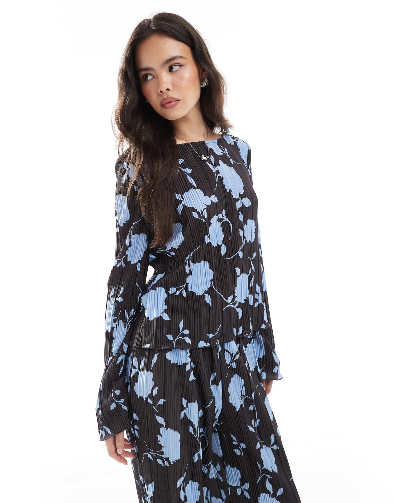 Vero Moda long sleeve plisse top co-ord in chocolate and blue floral print