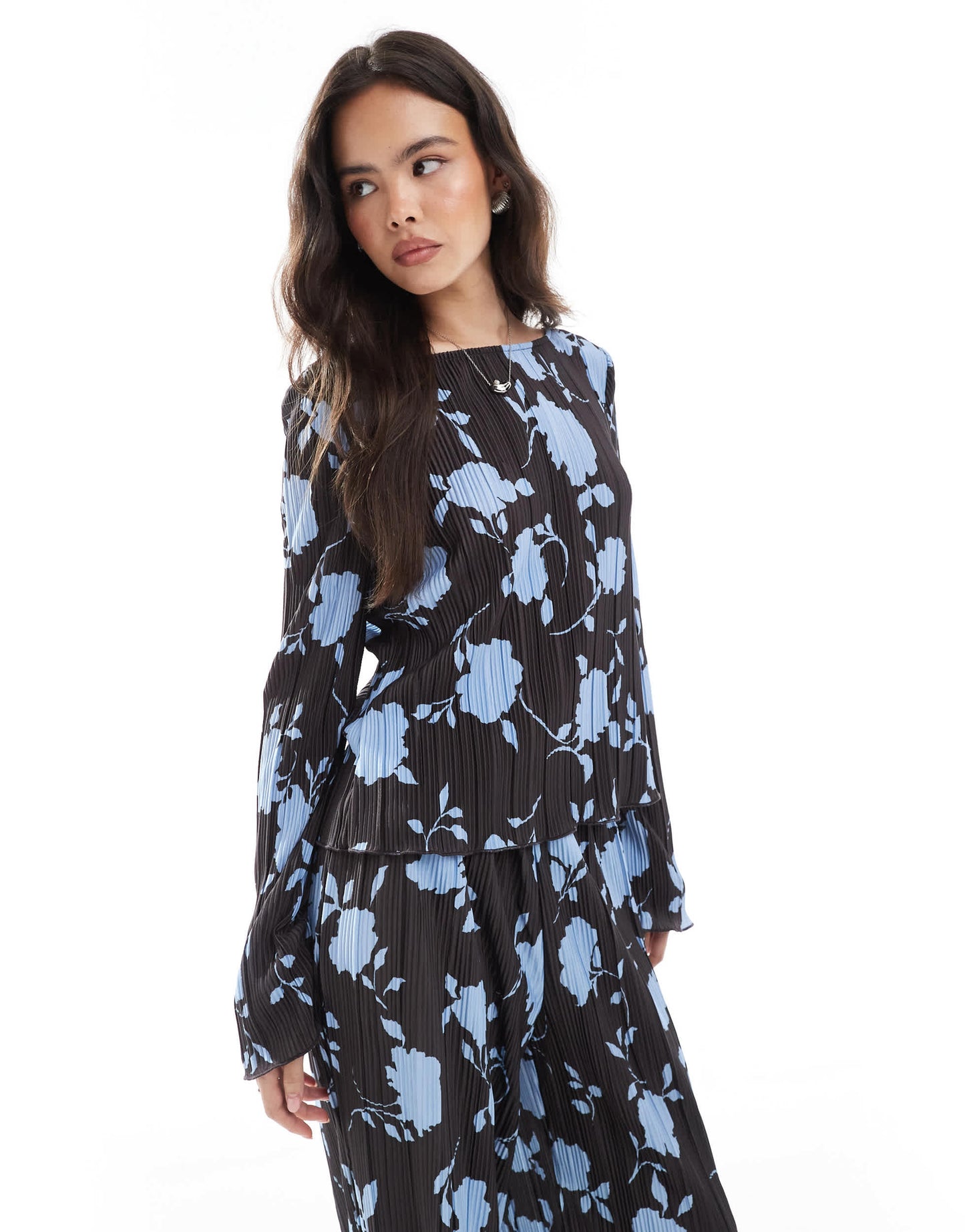 Vero Moda long sleeve plisse top co-ord in chocolate and blue floral print