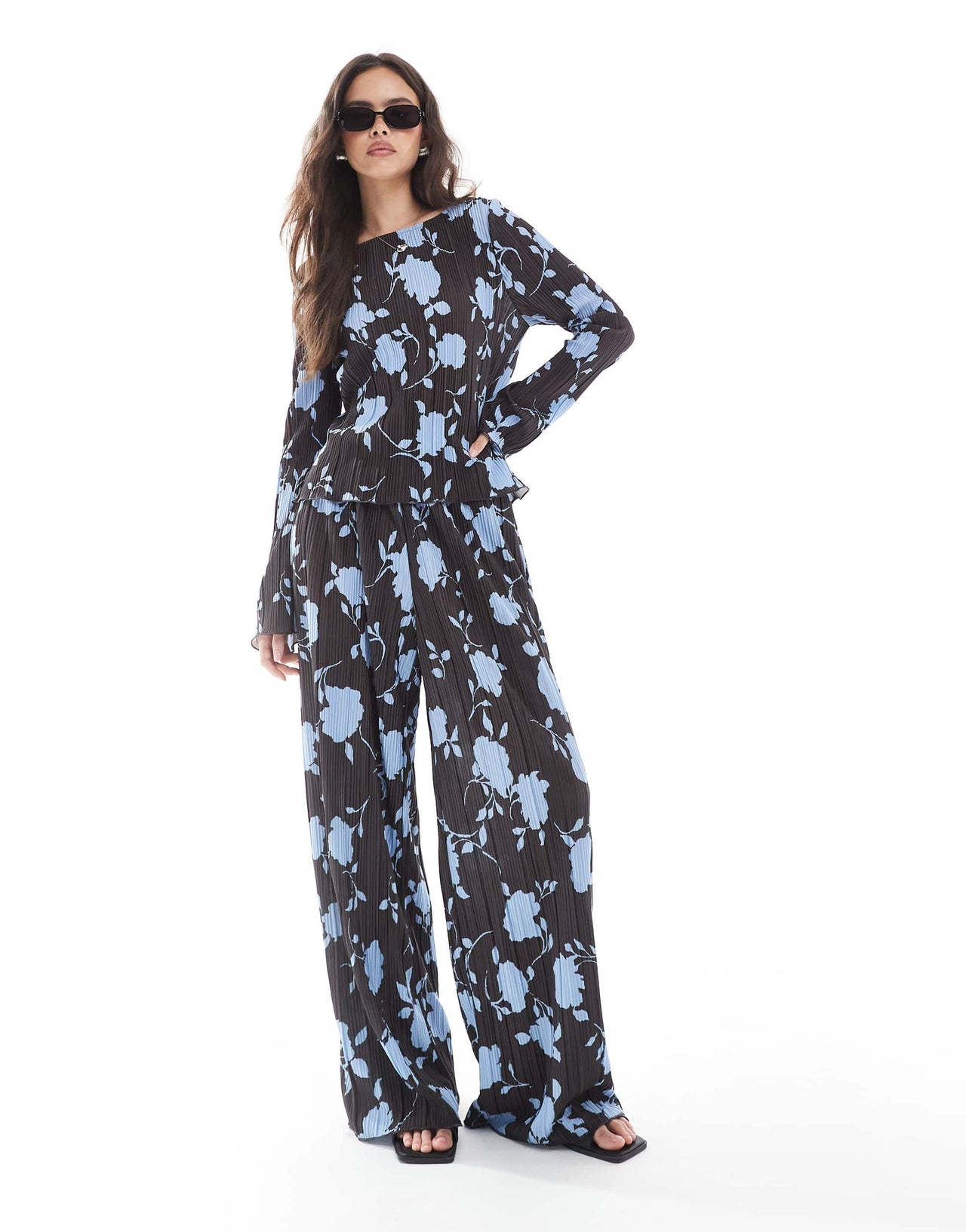 Vero Moda long sleeve plisse top co-ord in chocolate and blue floral print