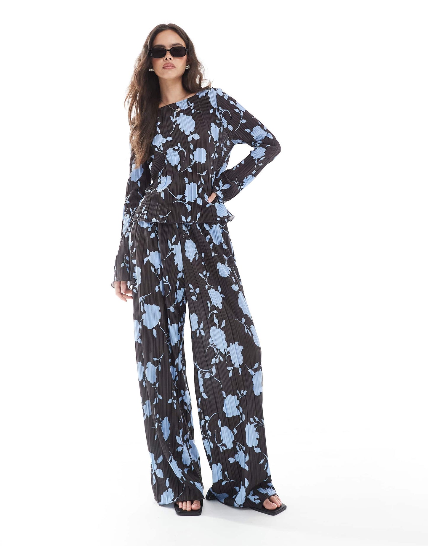 Vero Moda long sleeve plisse top co-ord in chocolate and blue floral print