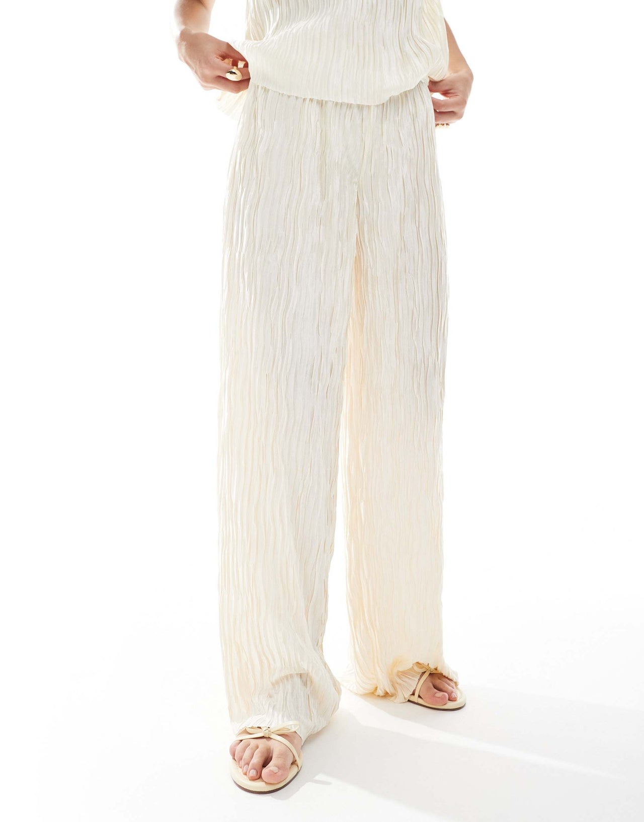Vero Moda textured plisse wide leg trouser co-ord in birch cream