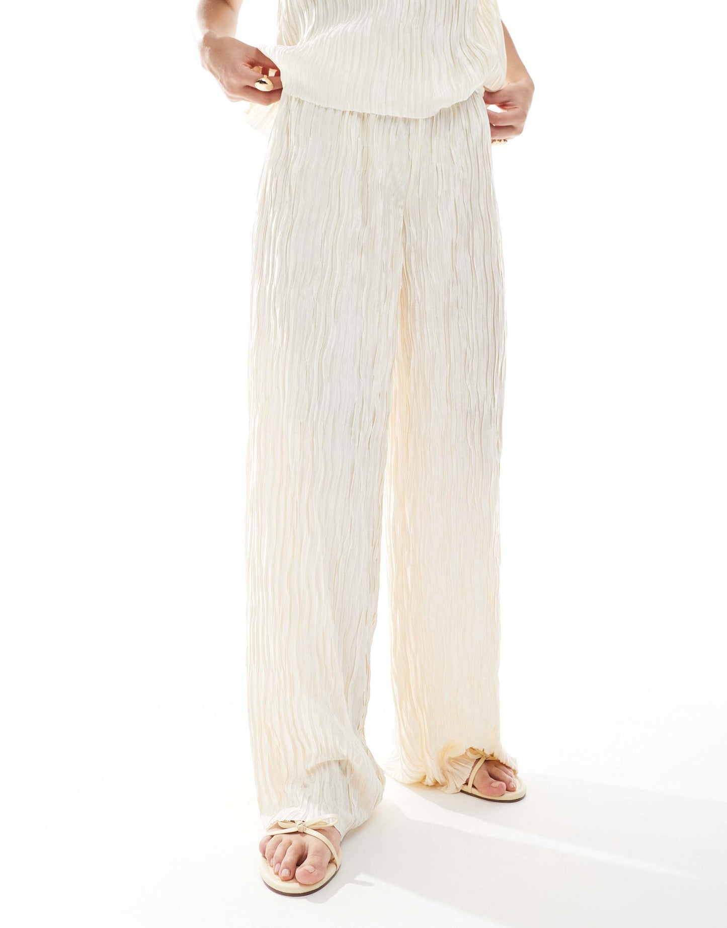 Vero Moda textured plisse wide leg trouser co-ord in birch cream