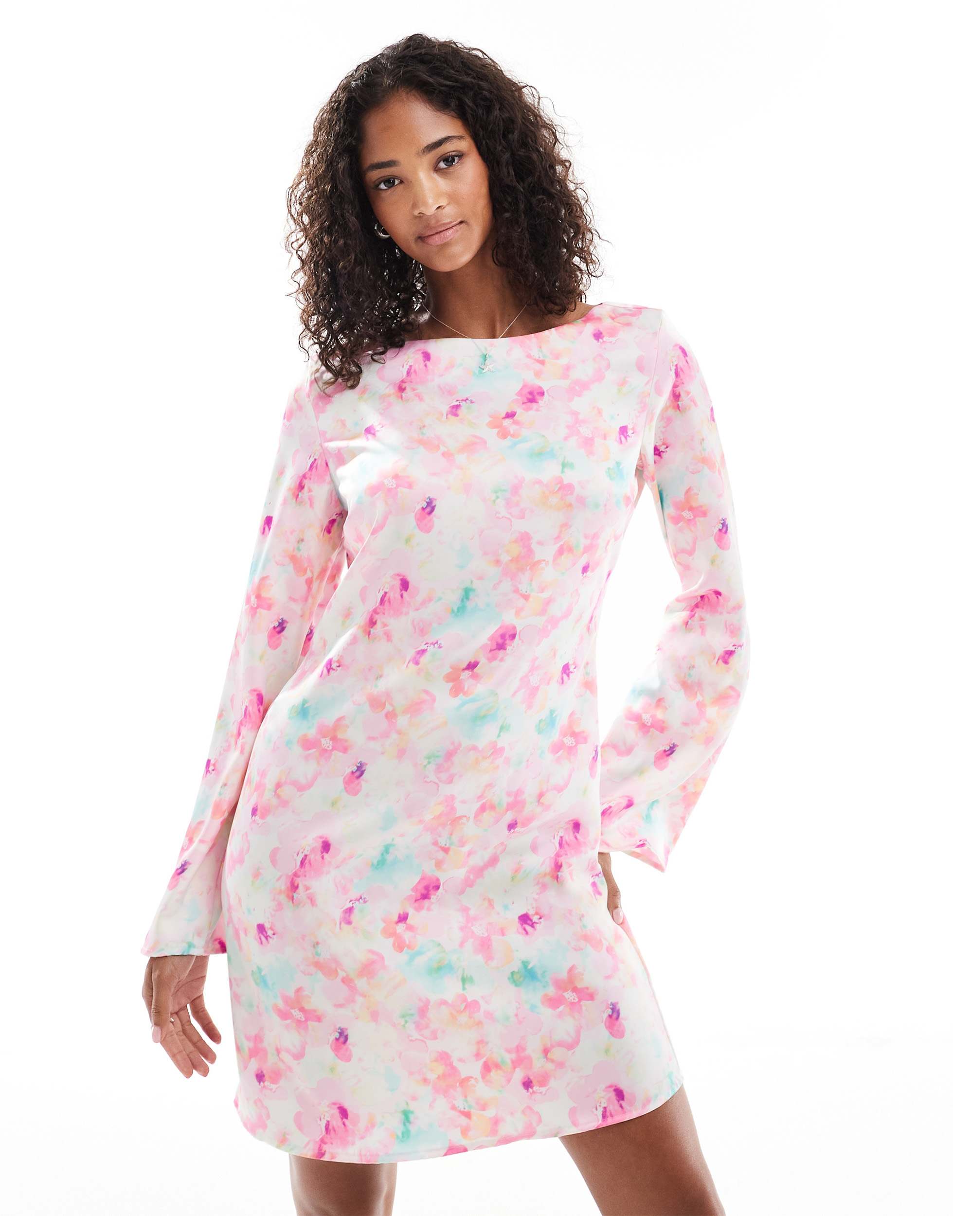 Vero Moda bell sleeve satin mini dress in cherry blossom print