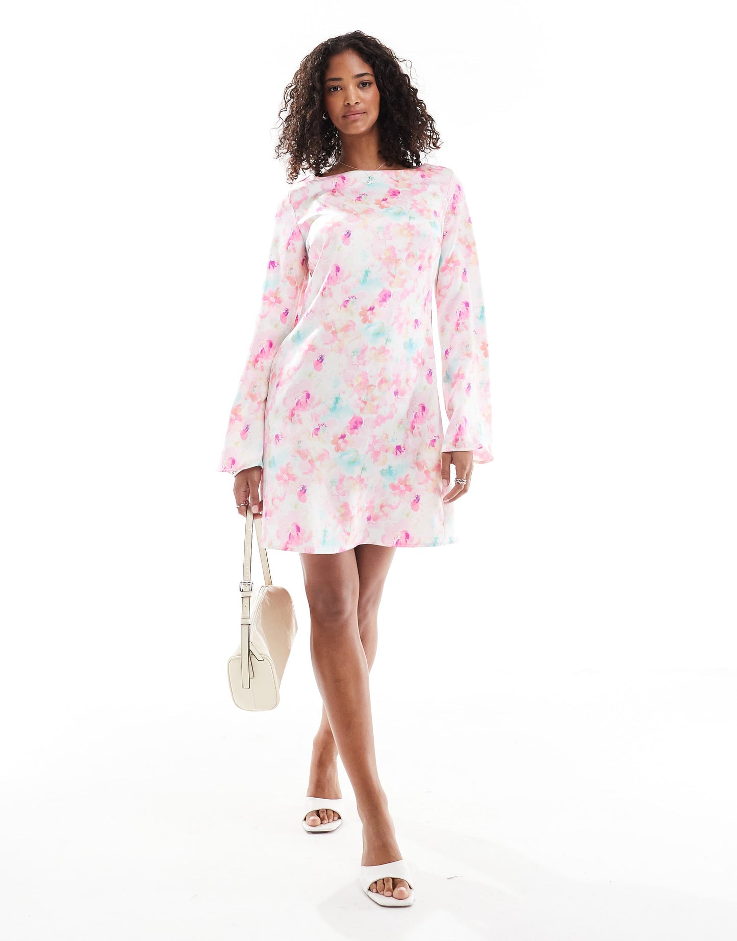 Vero Moda bell sleeve satin mini dress in cherry blossom print