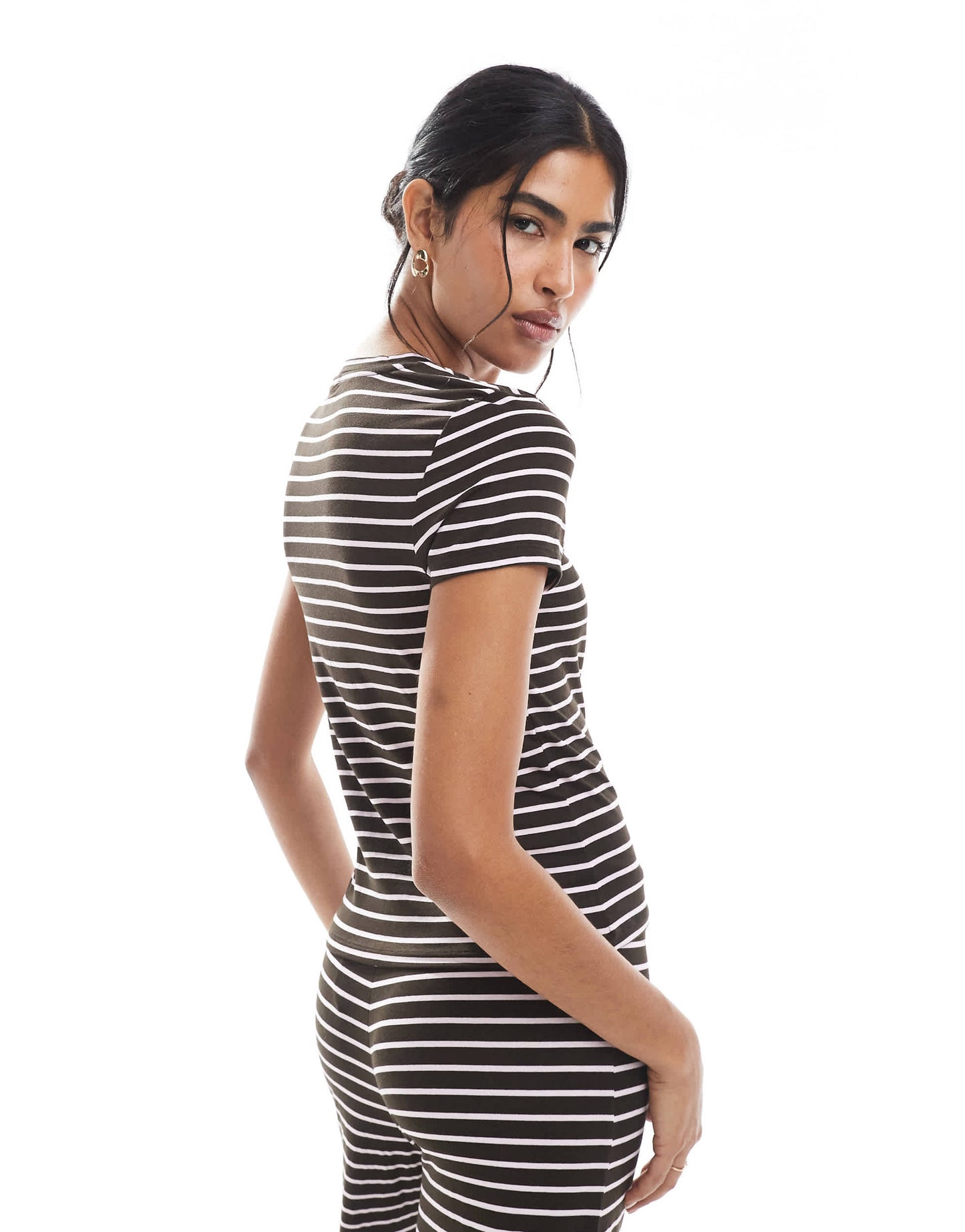 Pieces jersey t-shirt co-ord in chocolate brown and pink stripe